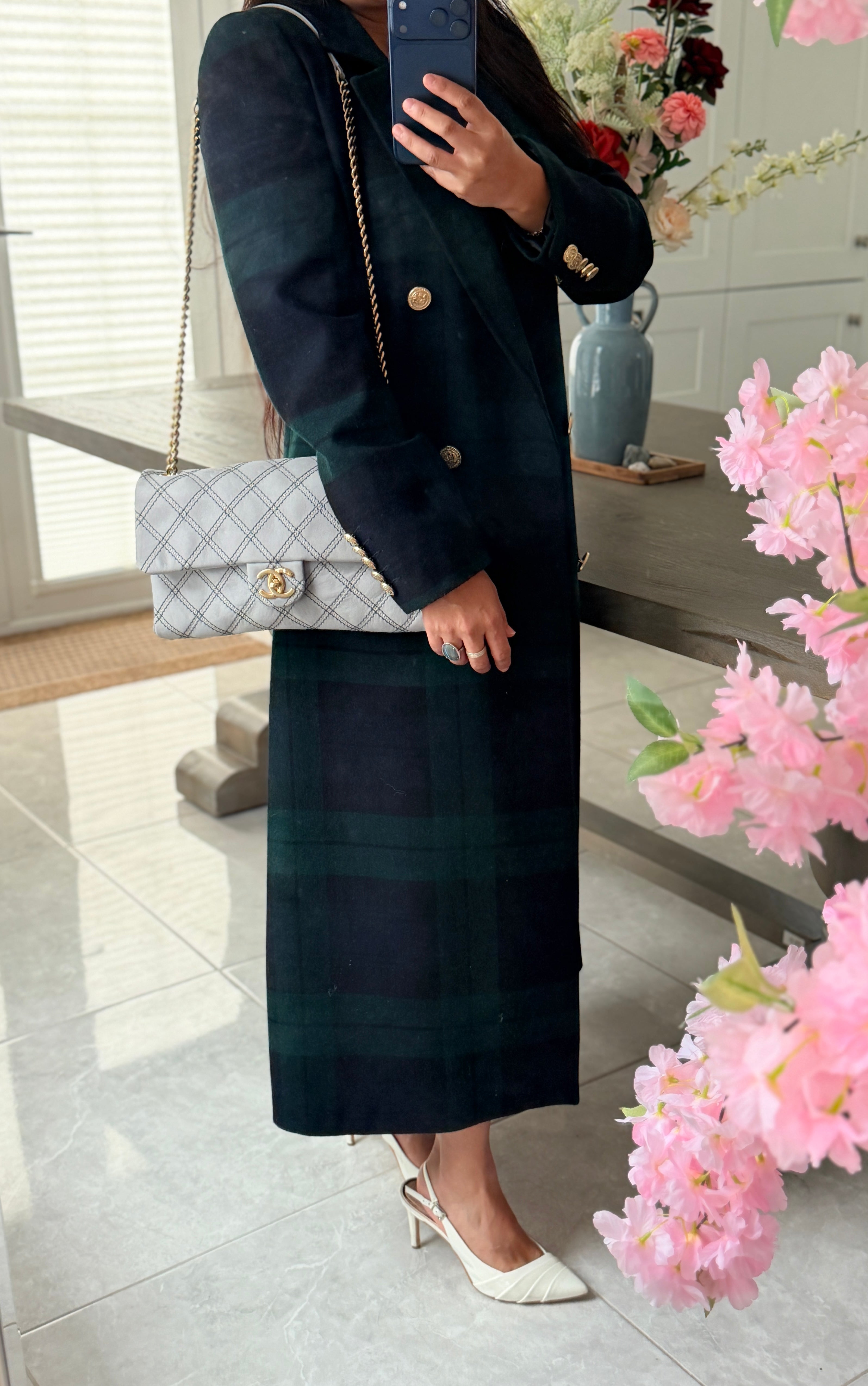 Chanel Timeless Classic Paris Dallas Chic Stitch Grey Nubuck Calfskin Leather Gold Hardware