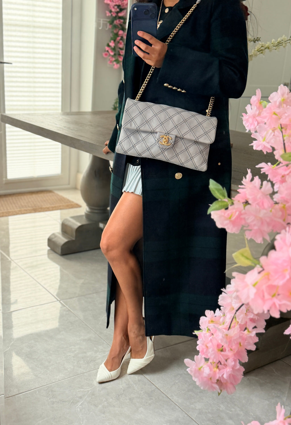 Chanel Timeless Classic Paris Dallas Chic Stitch Grey Nubuck Calfskin Leather Gold Hardware