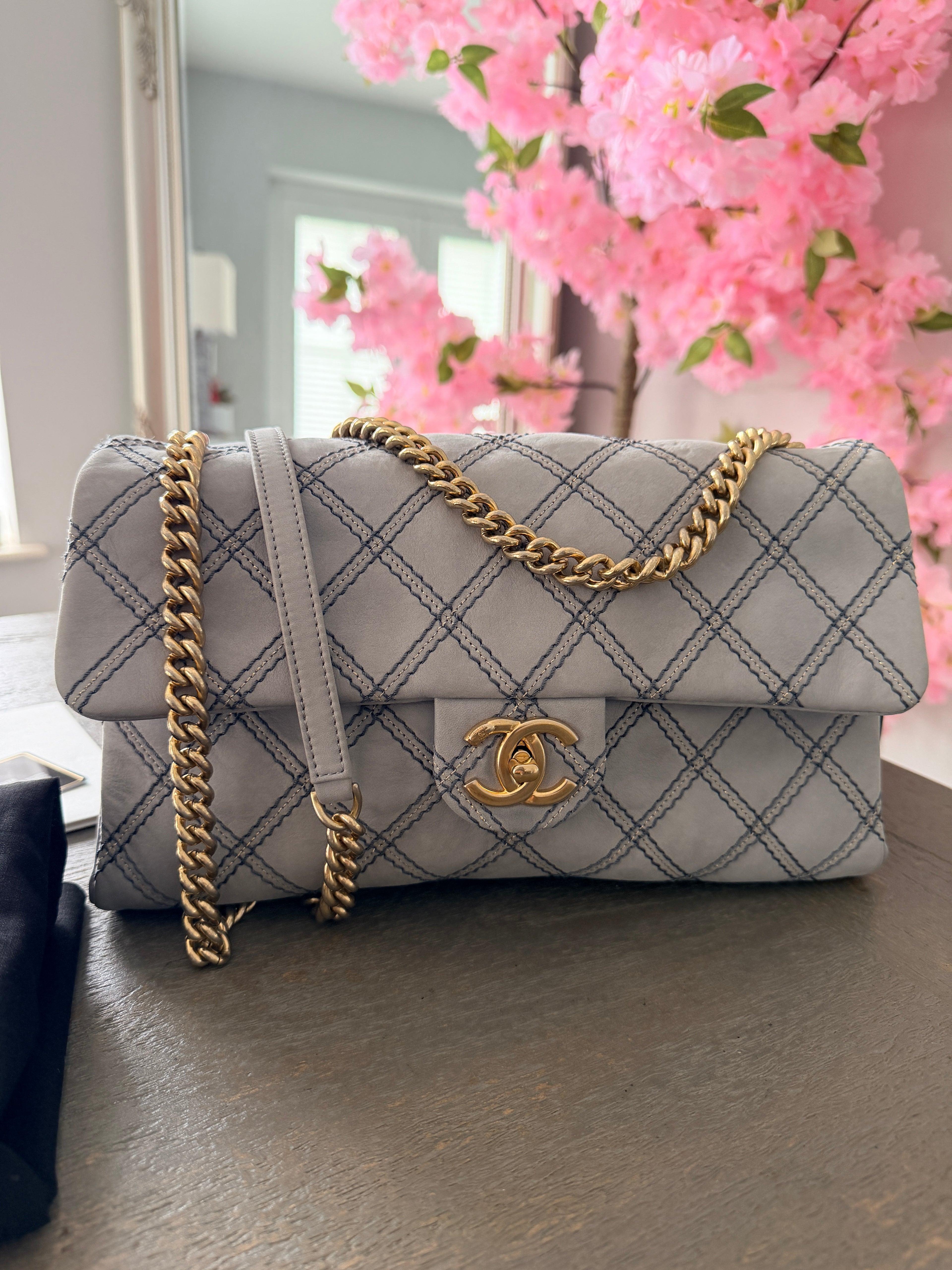 Chanel Timeless Classic Paris Dallas Chic Stitch Grey Nubuck Calfskin Leather Gold Hardware