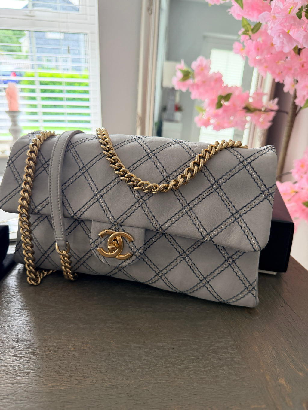Chanel Timeless Classic Paris Dallas Chic Stitch Grey Nubuck Calfskin Leather Gold Hardware