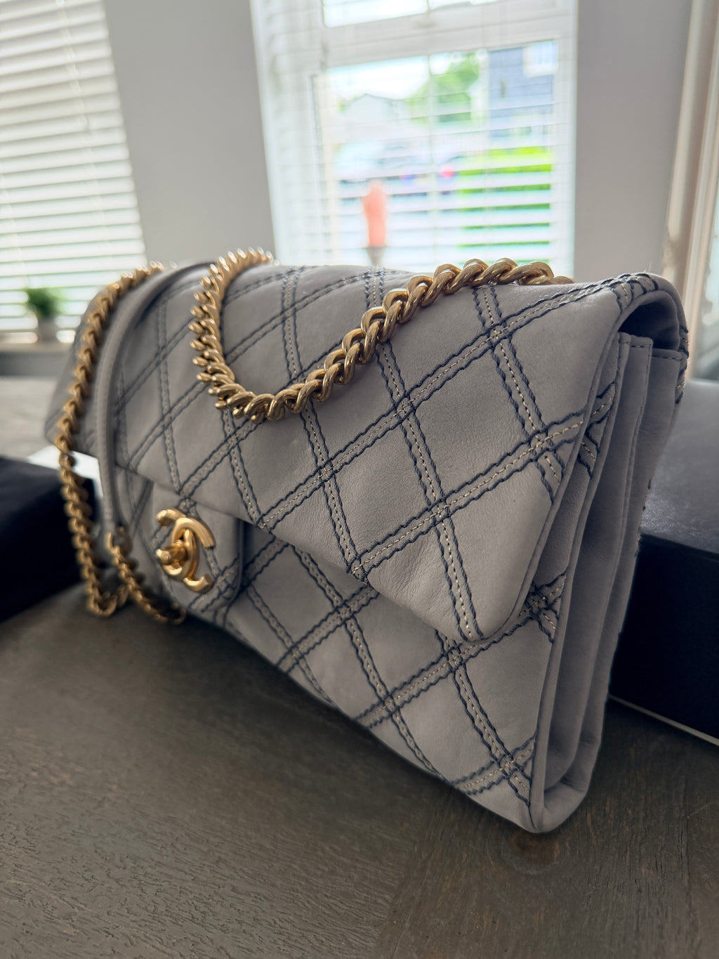 Chanel Timeless Classic Paris Dallas Chic Stitch Grey Nubuck Calfskin Leather Gold Hardware