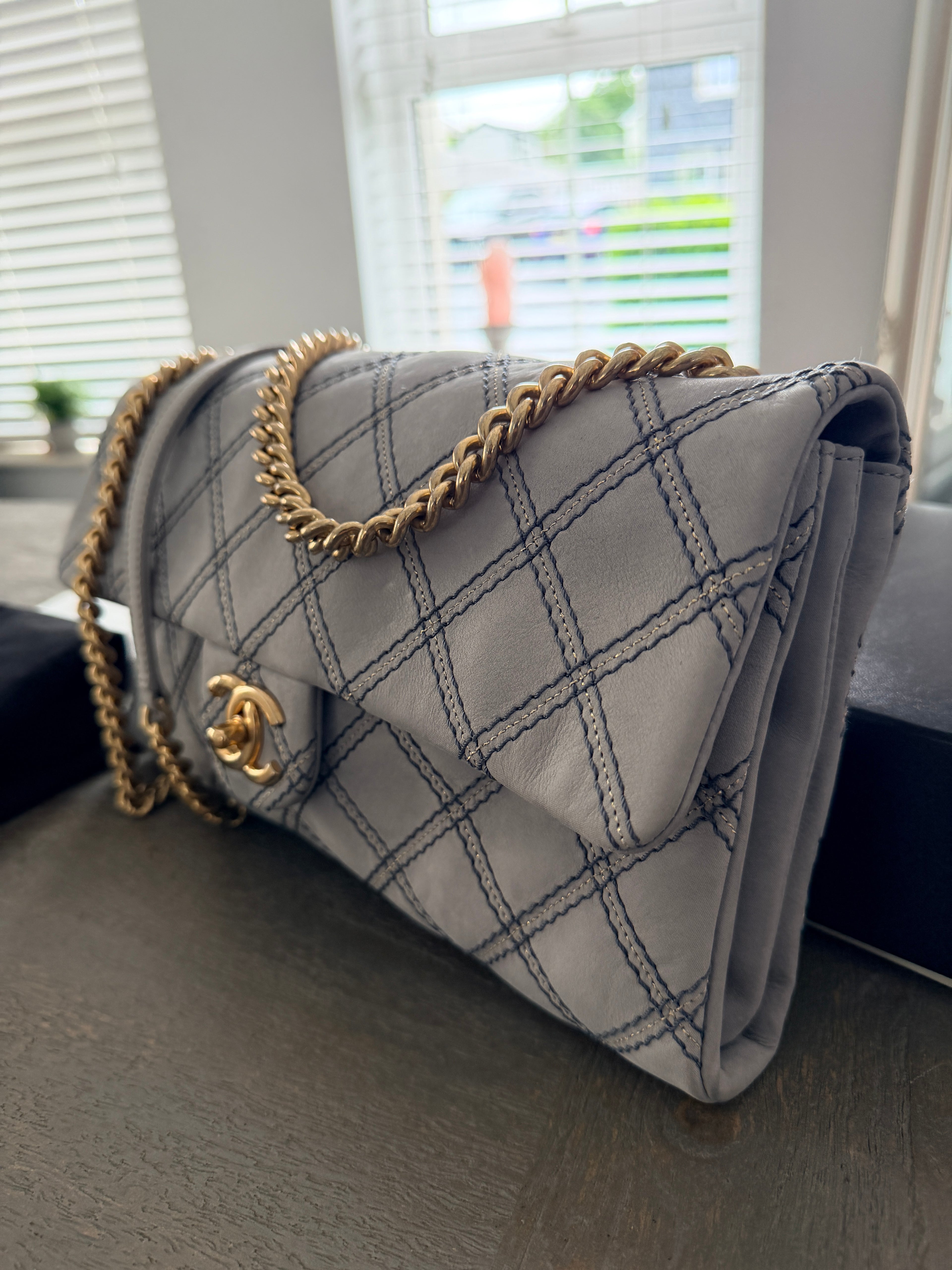 Chanel Timeless Classic Paris Dallas Chic Stitch Grey Nubuck Calfskin Leather Gold Hardware
