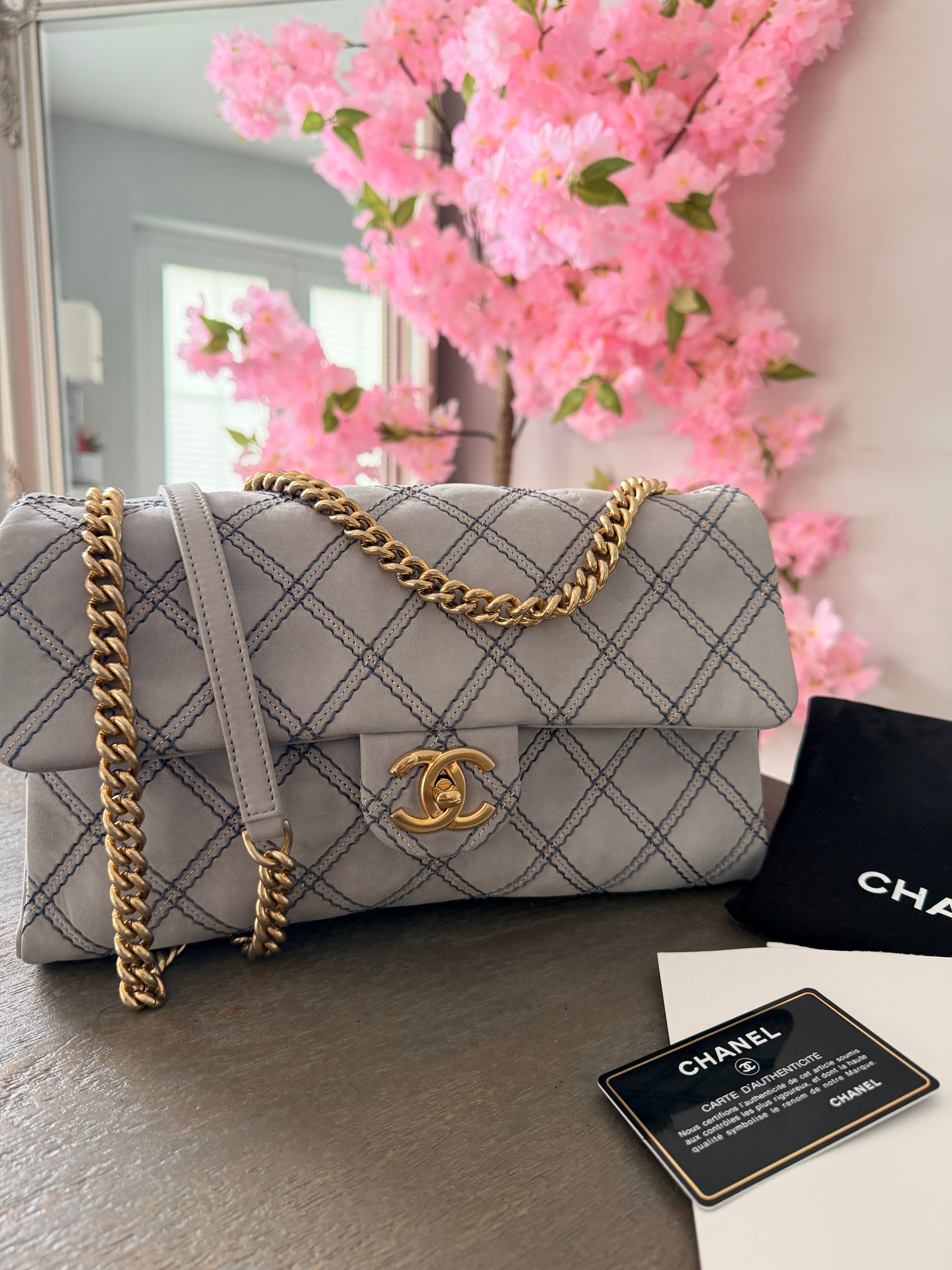 Chanel Timeless Classic Paris Dallas Chic Stitch Grey Nubuck Calfskin Leather Gold Hardware