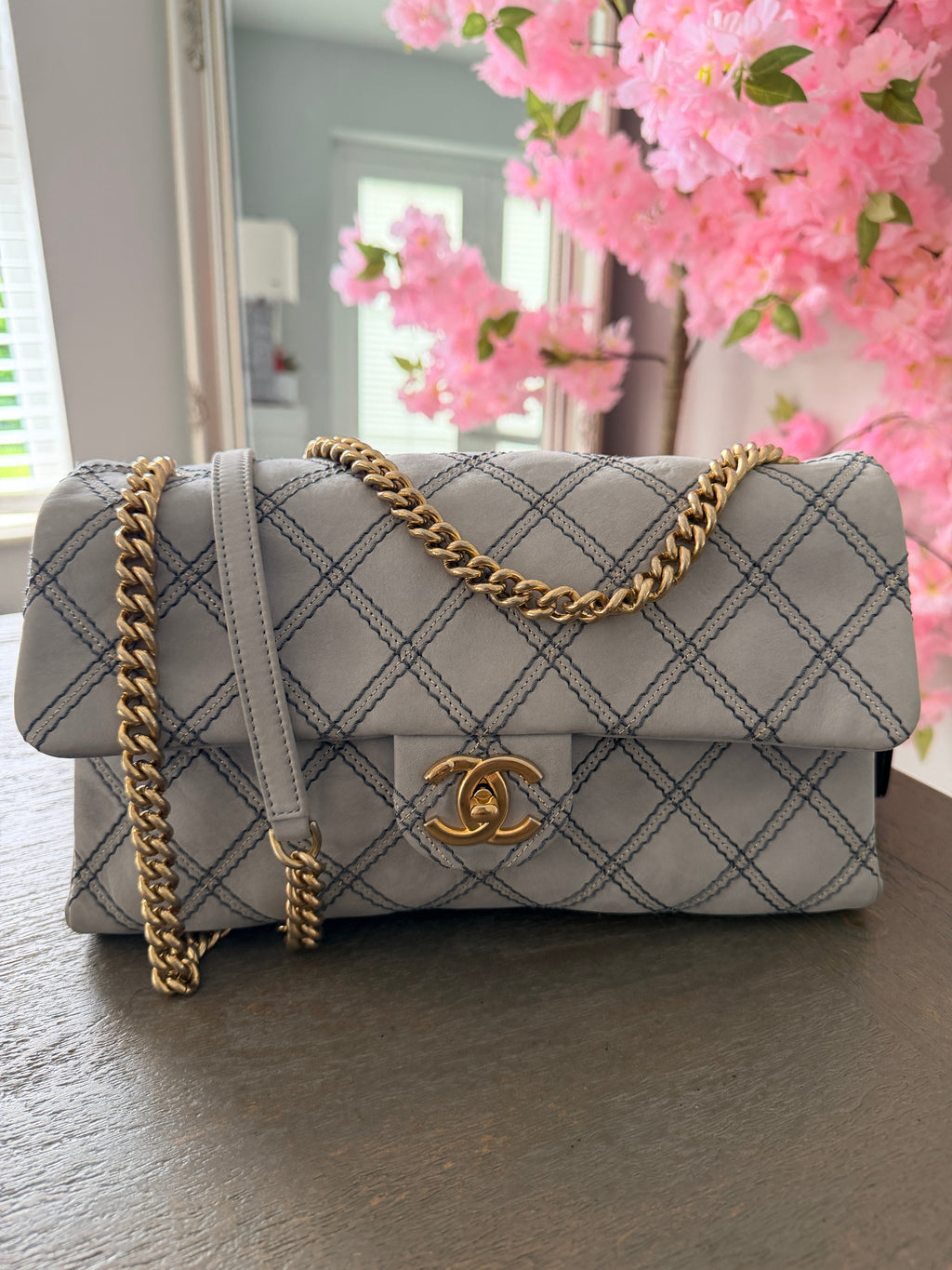 Chanel Timeless Classic Paris Dallas Chic Stitch Grey Nubuck Calfskin Leather Gold Hardware