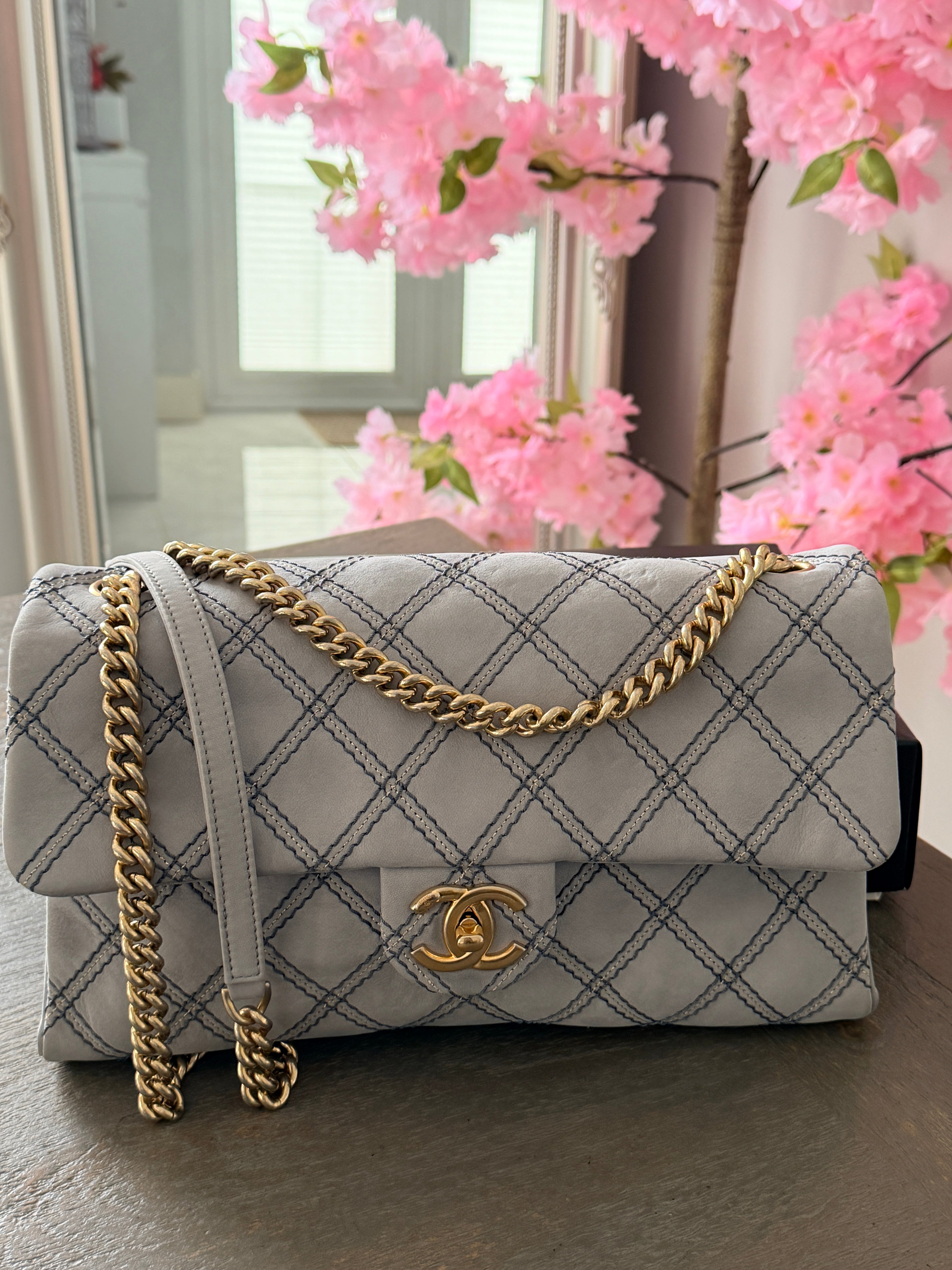 Chanel Timeless Classic Paris Dallas Chic Stitch Grey Nubuck Calfskin Leather Gold Hardware