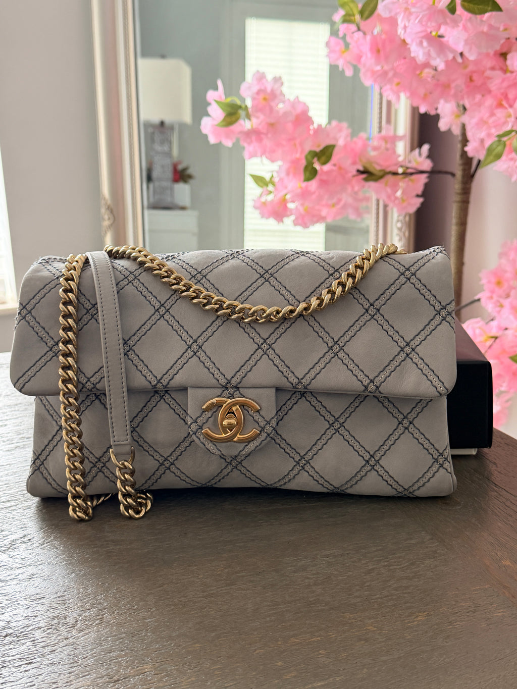 Chanel Timeless Classic Paris Dallas Chic Stitch Grey Nubuck Calfskin Leather Gold Hardware