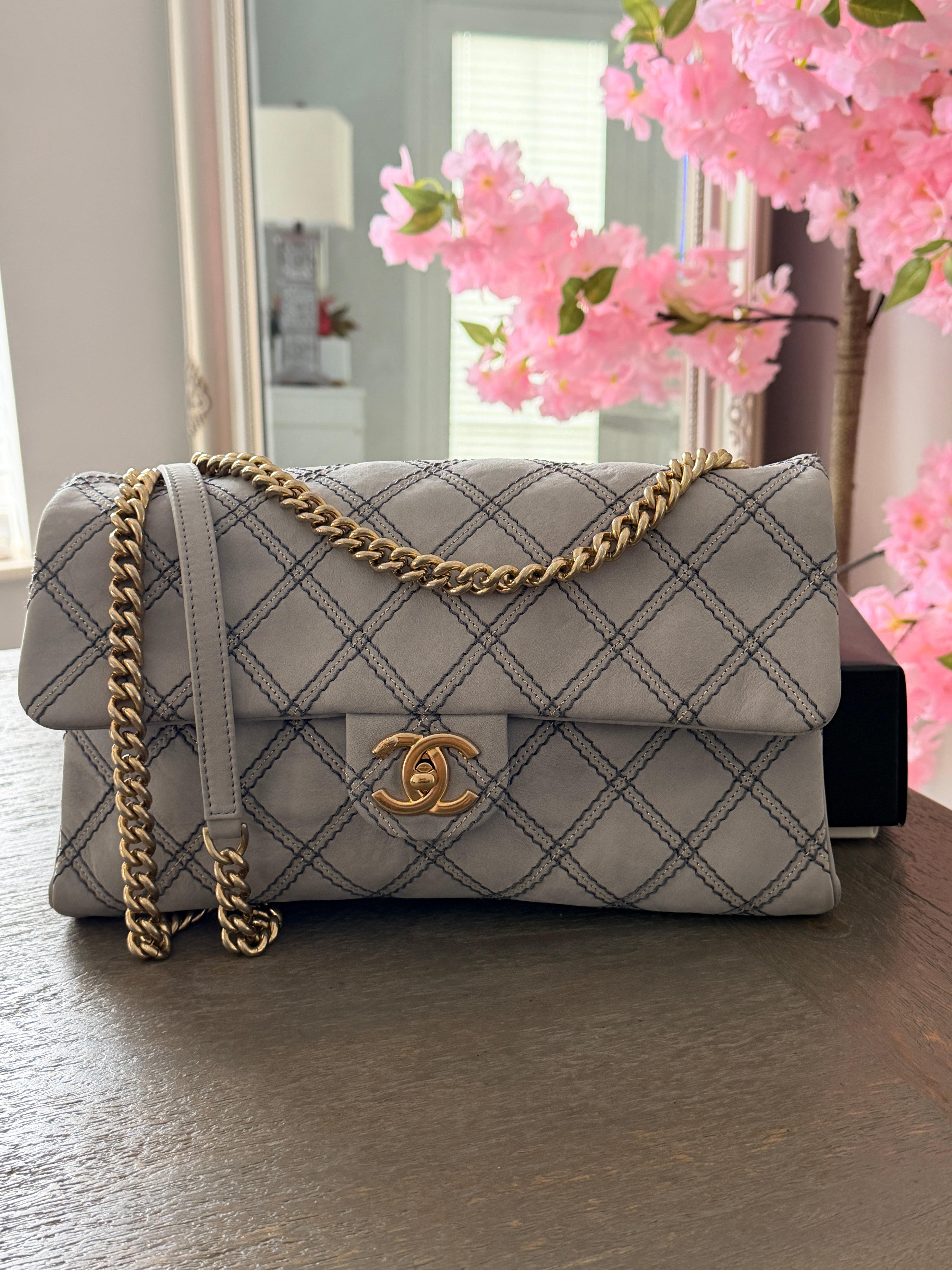 Chanel Timeless Classic Paris Dallas Chic Stitch Grey Nubuck Calfskin Leather Gold Hardware