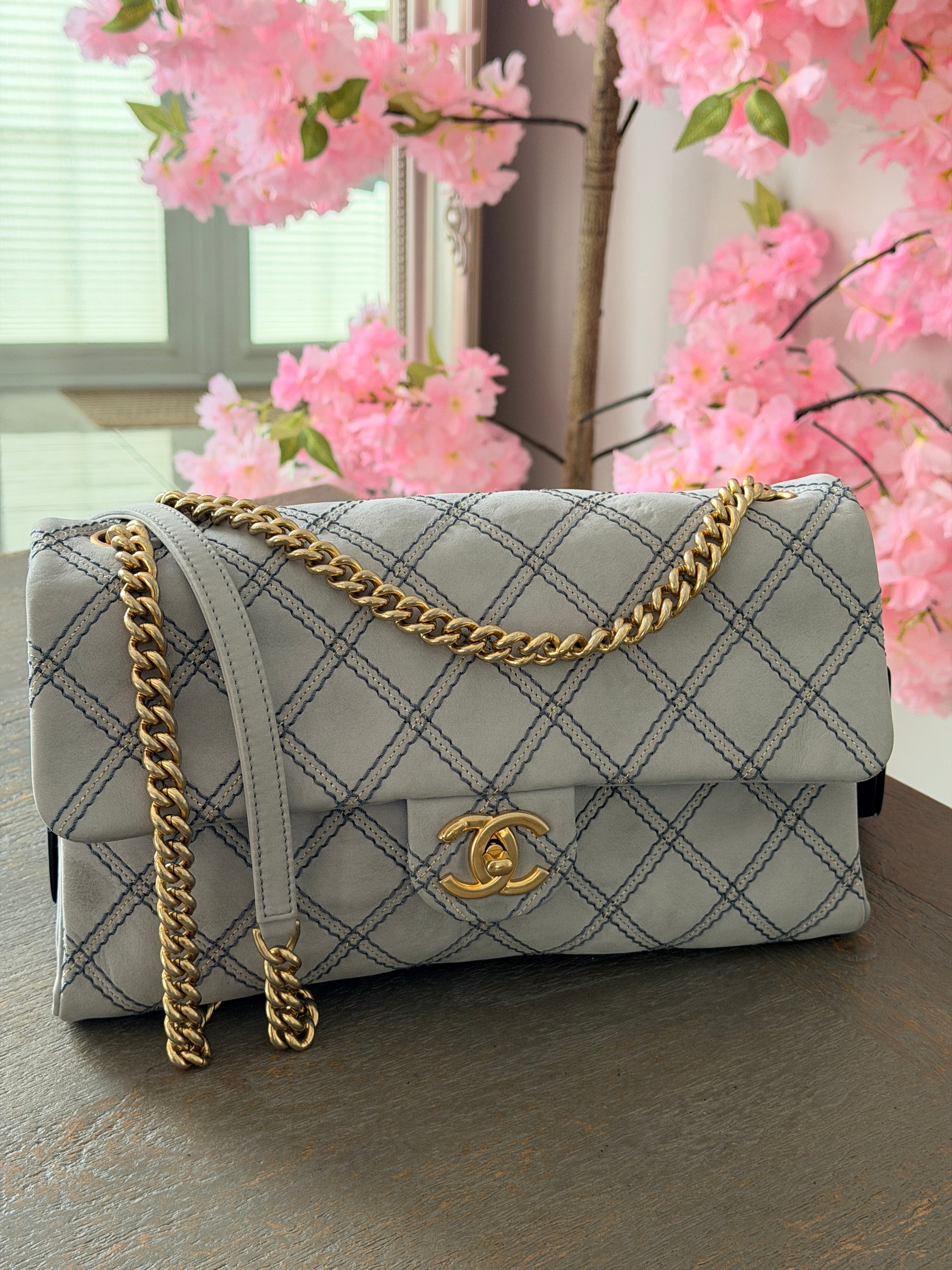 Chanel Timeless Classic Paris Dallas Chic Stitch Grey Nubuck Calfskin Leather Gold Hardware