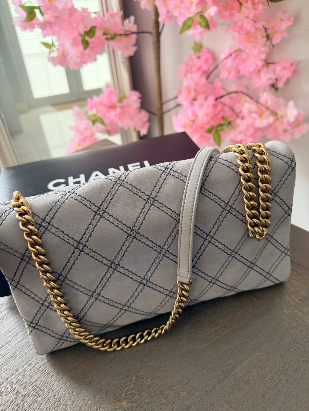 Chanel Timeless Classic Paris Dallas Chic Stitch Grey Nubuck Calfskin Leather Gold Hardware