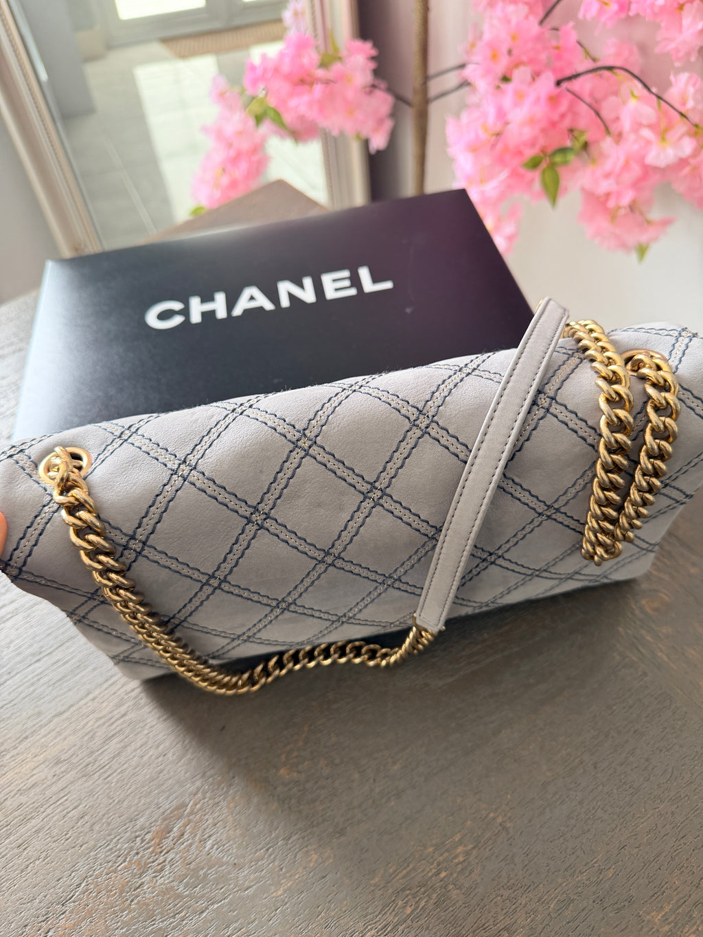 Chanel Timeless Classic Paris Dallas Chic Stitch Grey Nubuck Calfskin Leather Gold Hardware