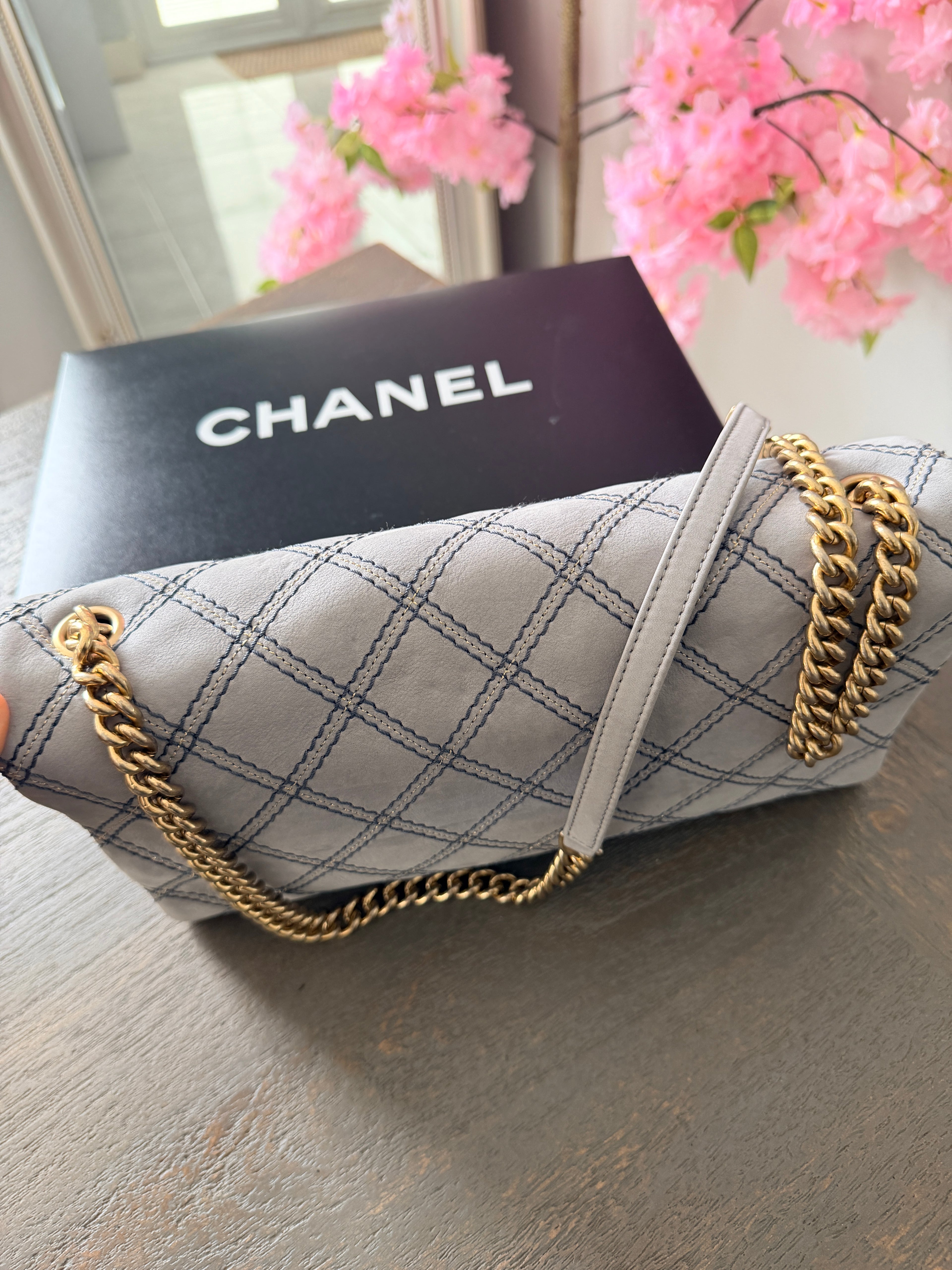 Chanel Timeless Classic Paris Dallas Chic Stitch Grey Nubuck Calfskin Leather Gold Hardware