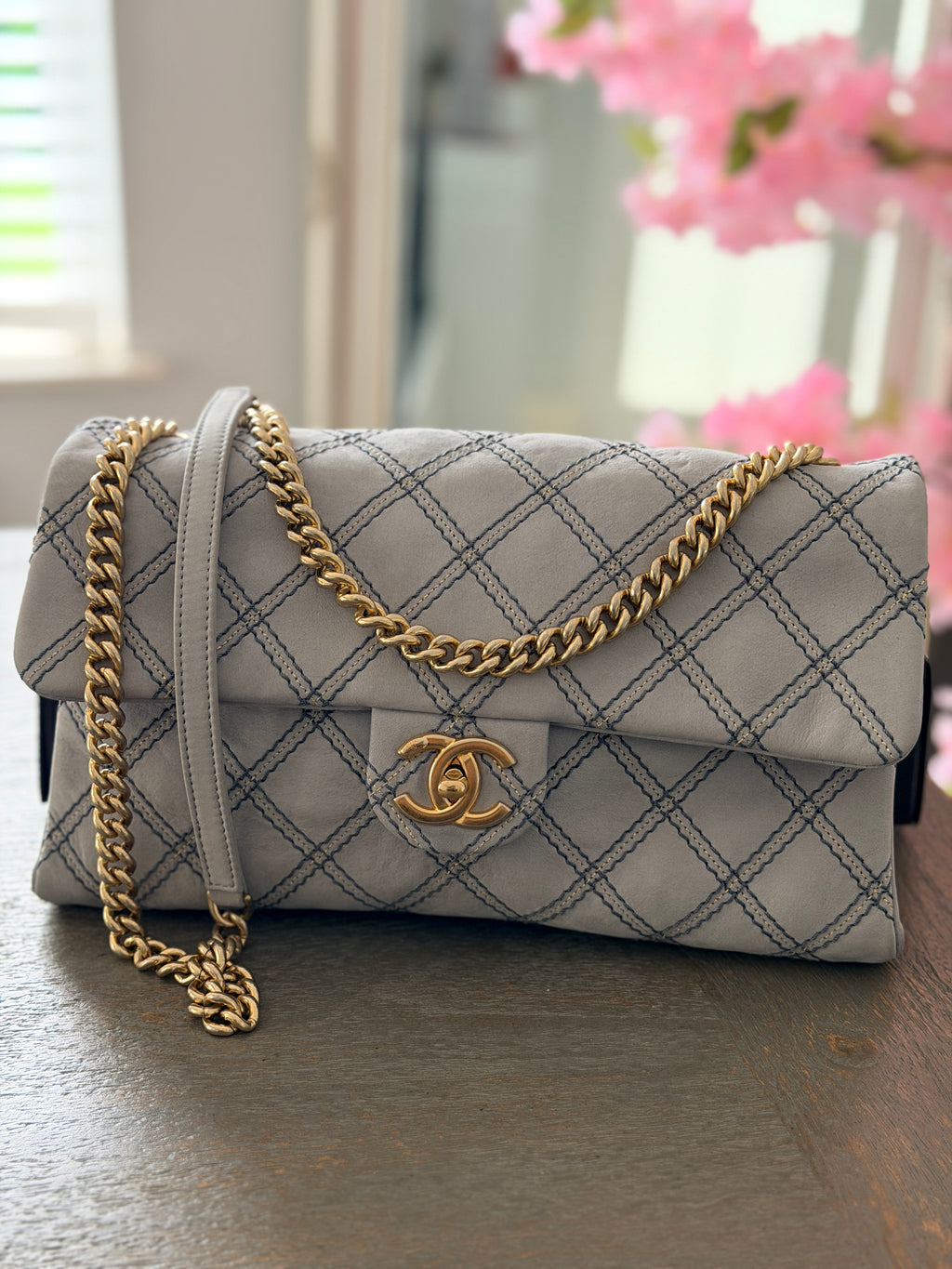 Chanel Timeless Classic Paris Dallas Chic Stitch Grey Nubuck Calfskin Leather Gold Hardware