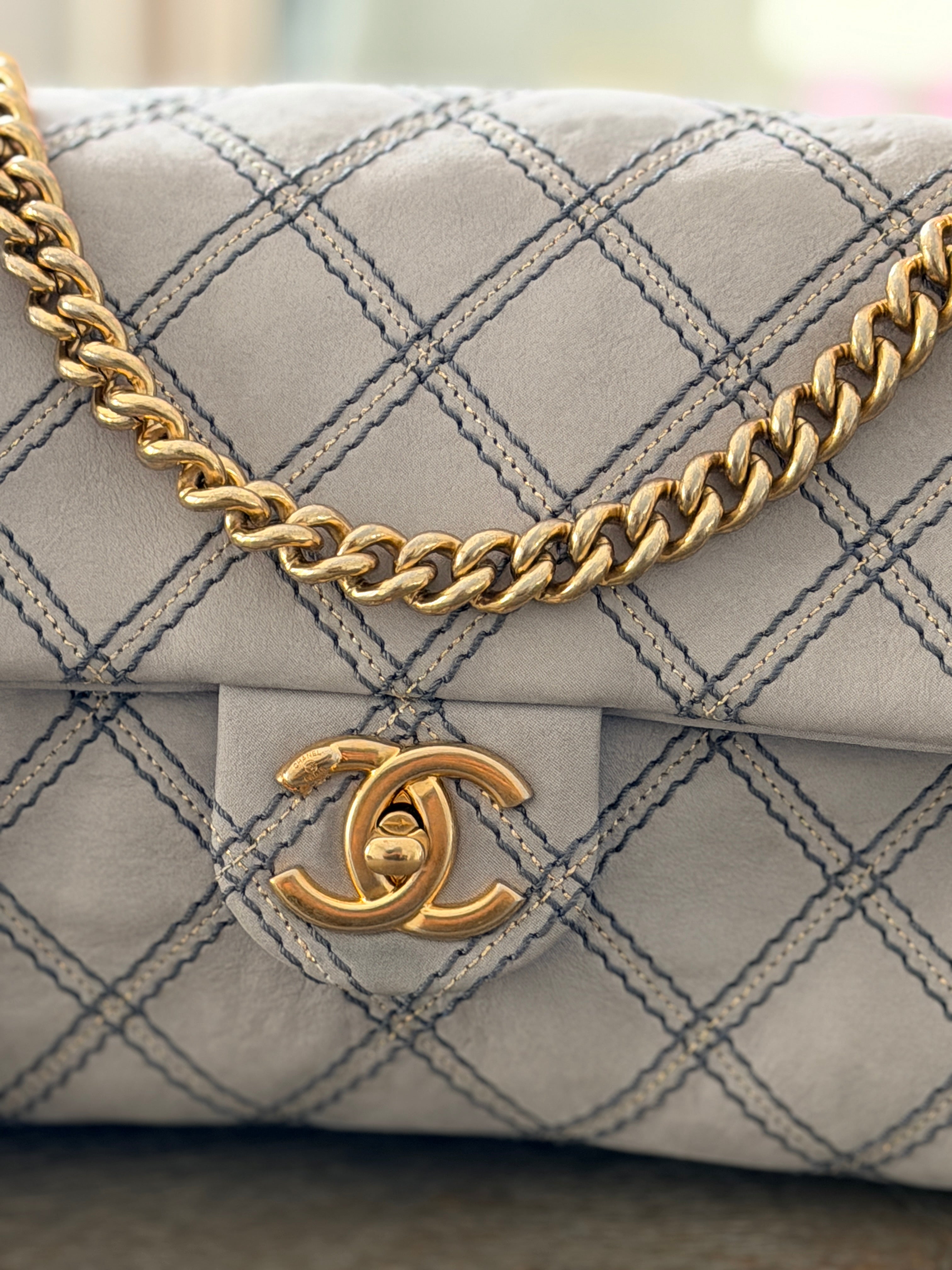 Chanel Timeless Classic Paris Dallas Chic Stitch Grey Nubuck Calfskin Leather Gold Hardware