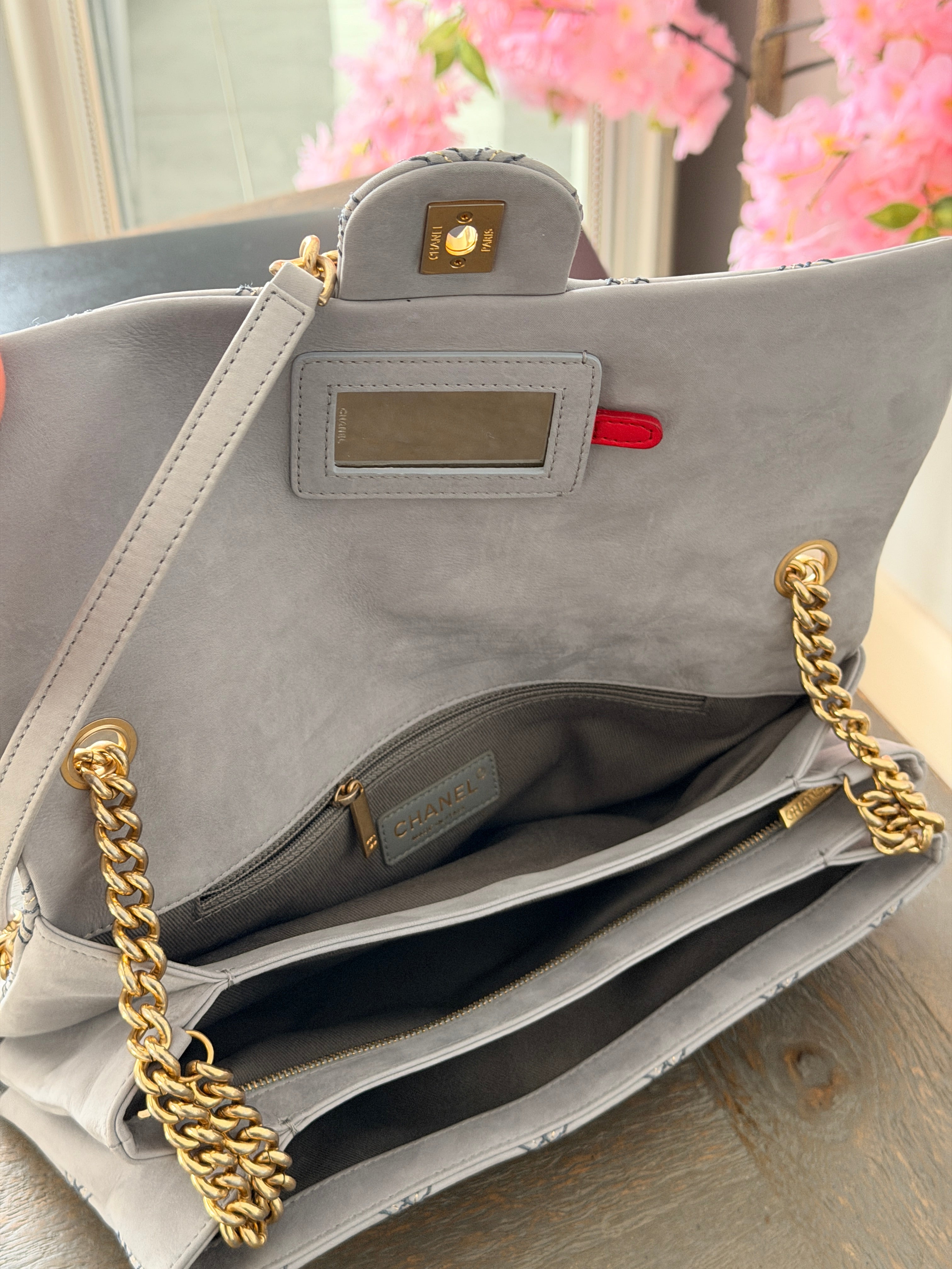 Chanel Timeless Classic Paris Dallas Chic Stitch Grey Nubuck Calfskin Leather Gold Hardware