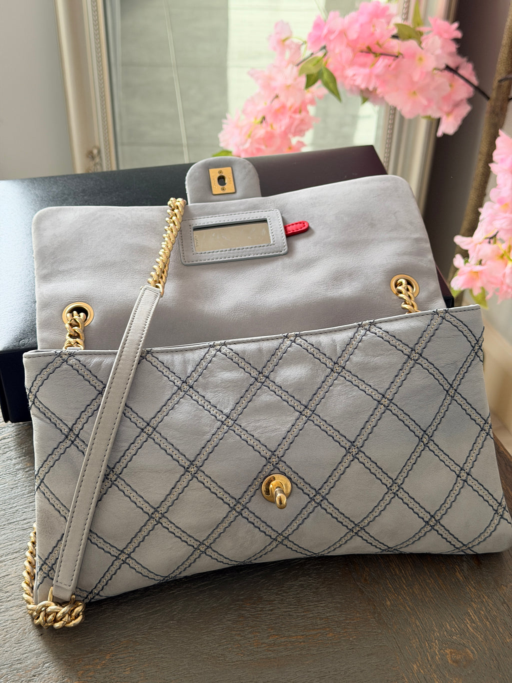 Chanel Timeless Classic Paris Dallas Chic Stitch Grey Nubuck Calfskin Leather Gold Hardware