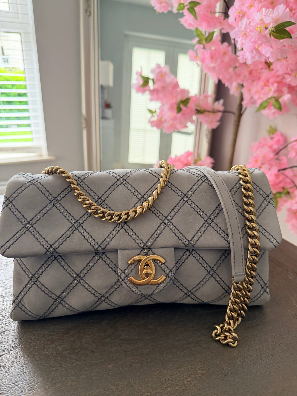 Chanel Timeless Classic Paris Dallas Chic Stitch Grey Nubuck Calfskin Leather Gold Hardware