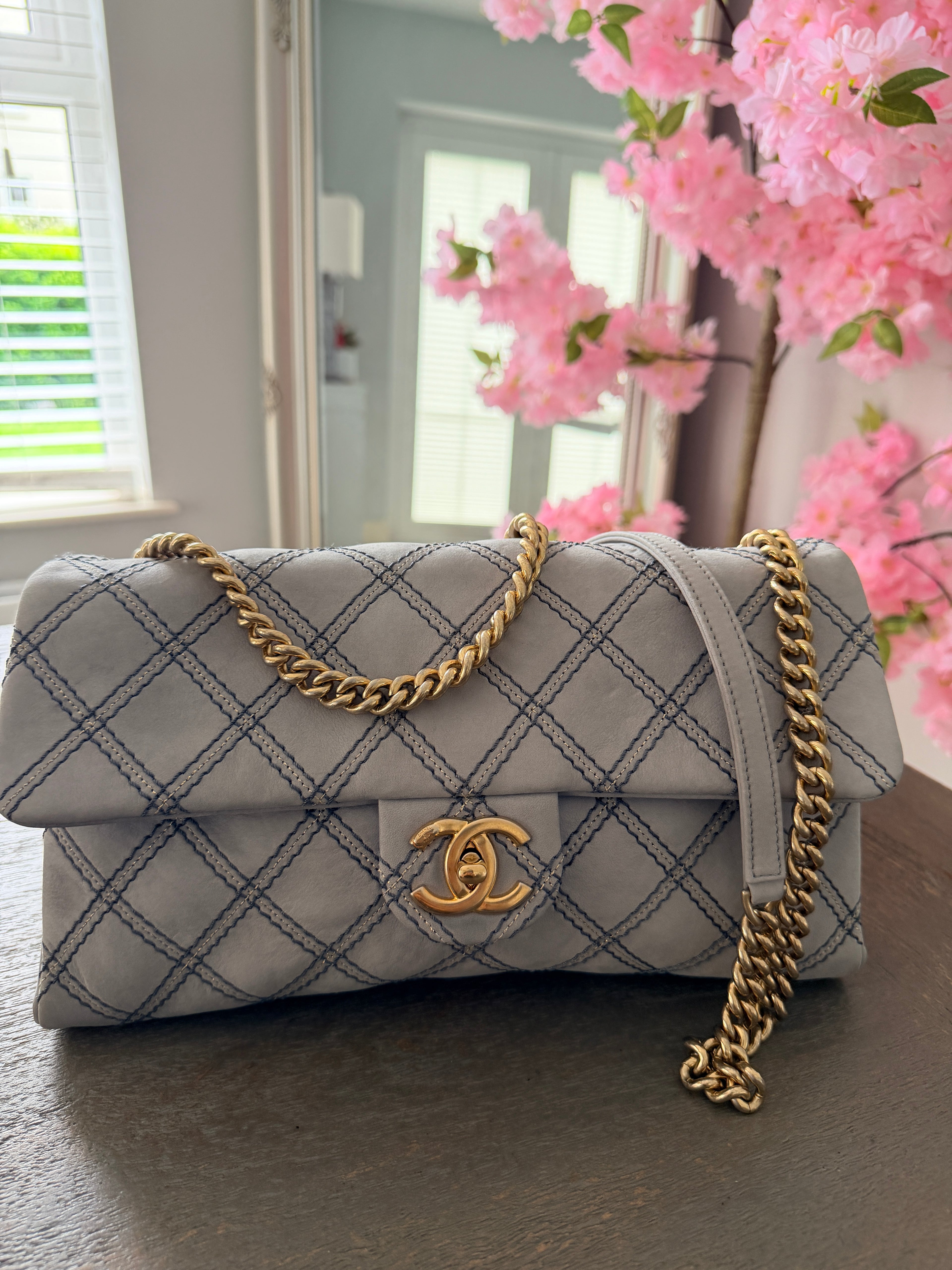 Chanel Timeless Classic Paris Dallas Chic Stitch Grey Nubuck Calfskin Leather Gold Hardware