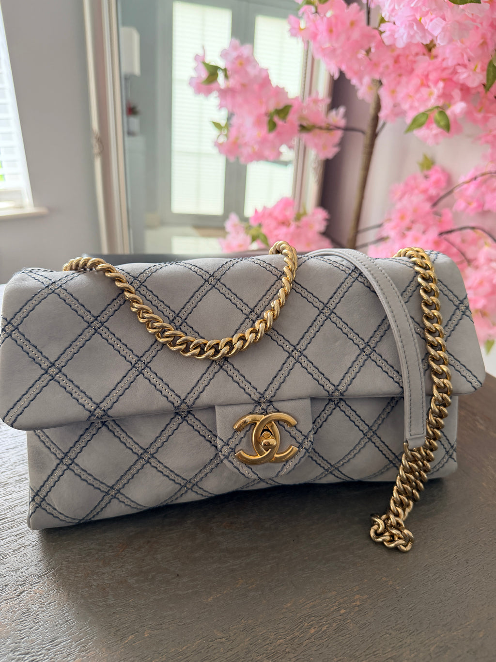 Chanel Timeless Classic Paris Dallas Chic Stitch Grey Nubuck Calfskin Leather Gold Hardware