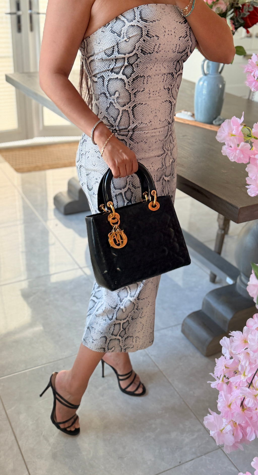 Christian Dior Lady Dior Medium Handbag Black Patent Leather Gold Hardware