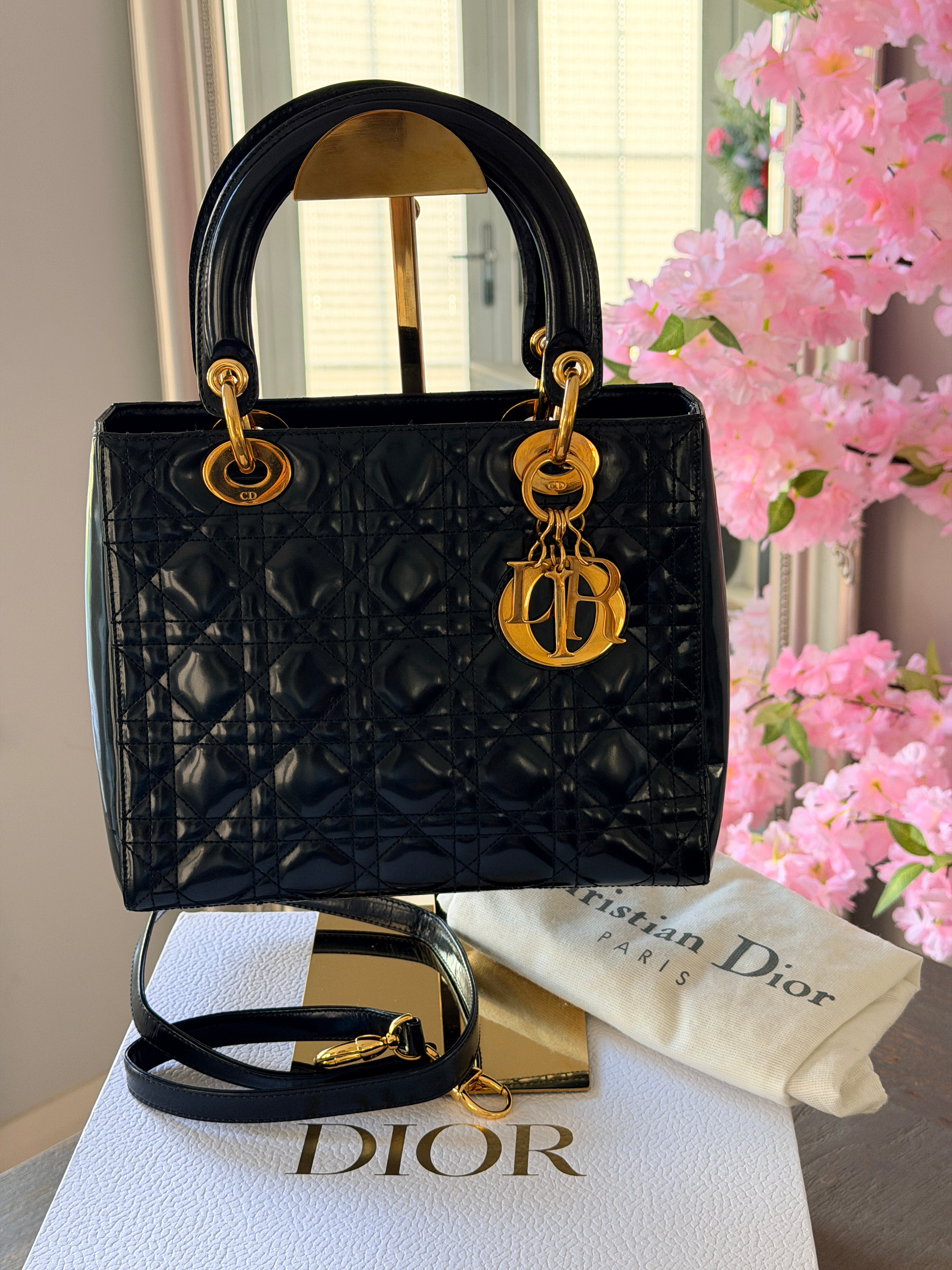 Christian Dior Lady Dior Medium Handbag Black Patent Leather Gold Hardware
