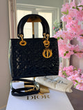 Christian Dior Lady Dior Medium Handbag Black Patent Leather Gold Hardware