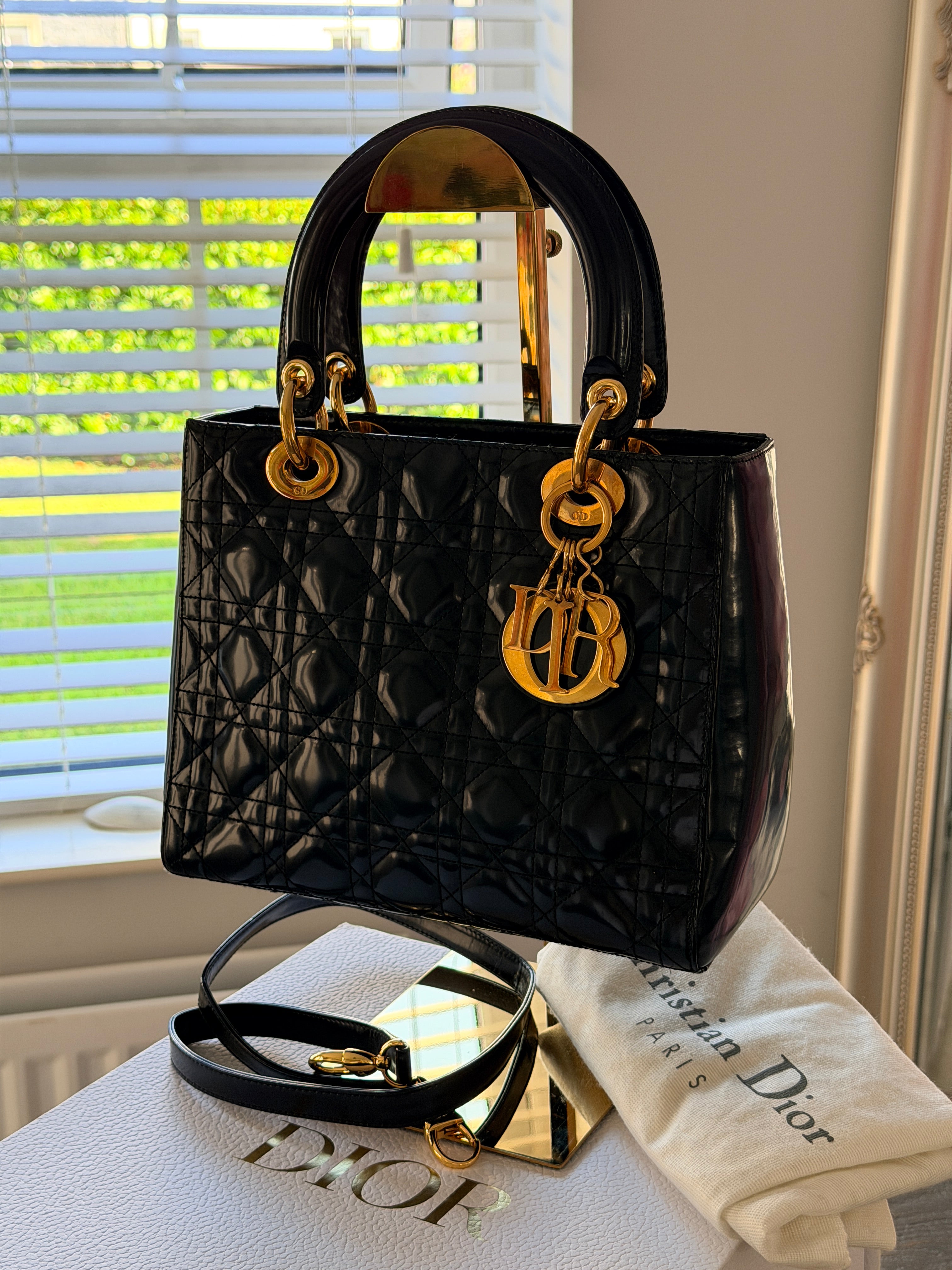 Christian Dior Lady Dior Medium Handbag Black Patent Leather Gold Hardware