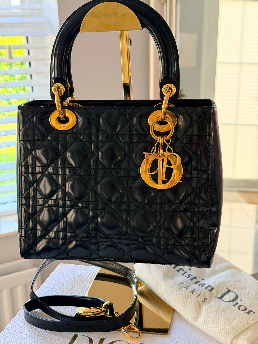 Christian Dior Lady Dior Medium Handbag Black Patent Leather Gold Hardware