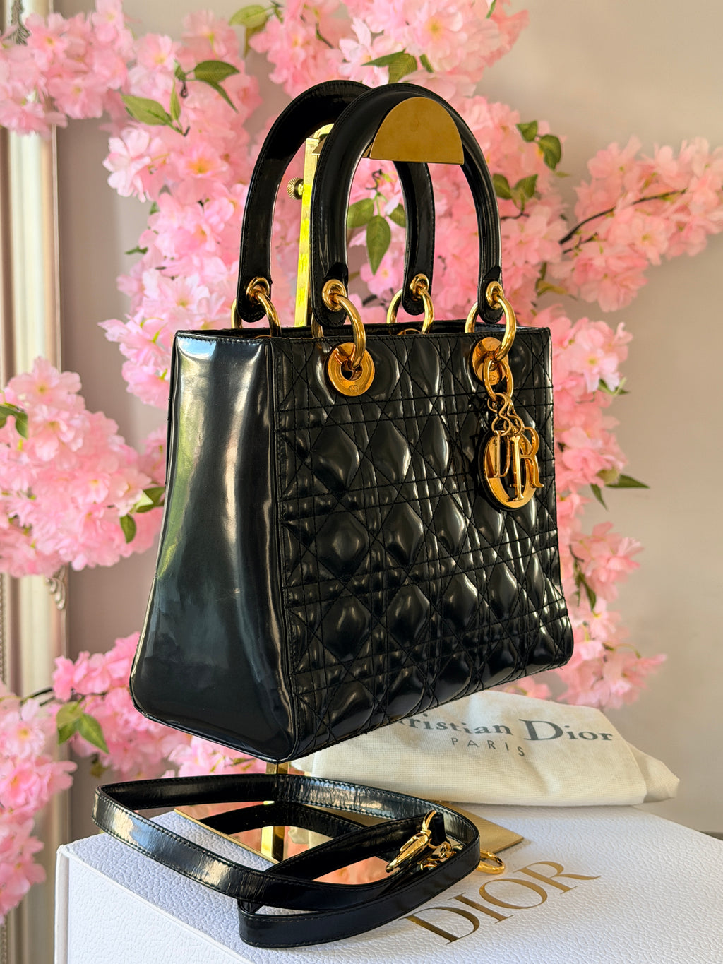 Christian Dior Lady Dior Medium Handbag Black Patent Leather Gold Hardware
