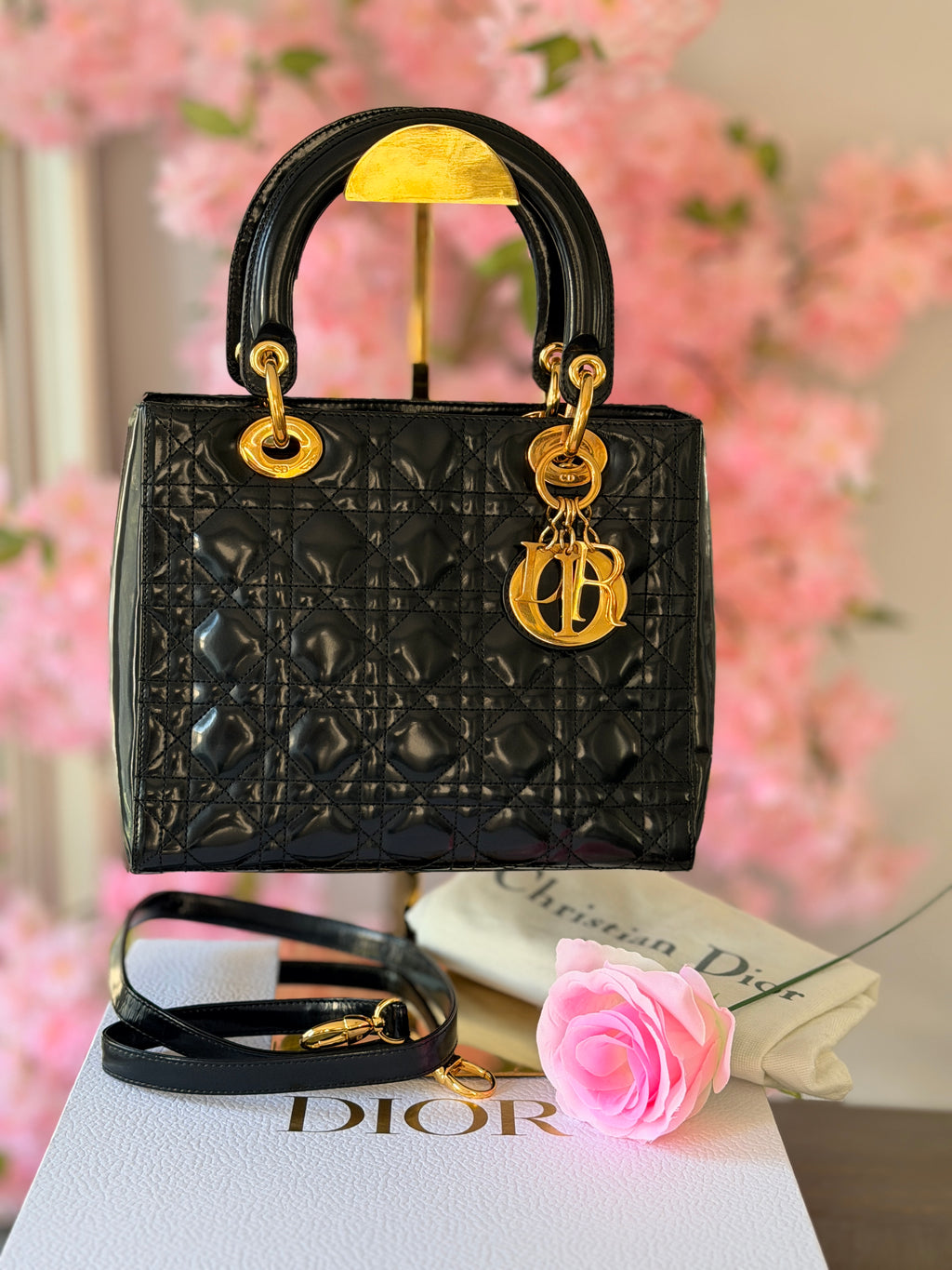 Christian Dior Lady Dior Medium Handbag Black Patent Leather Gold Hardware