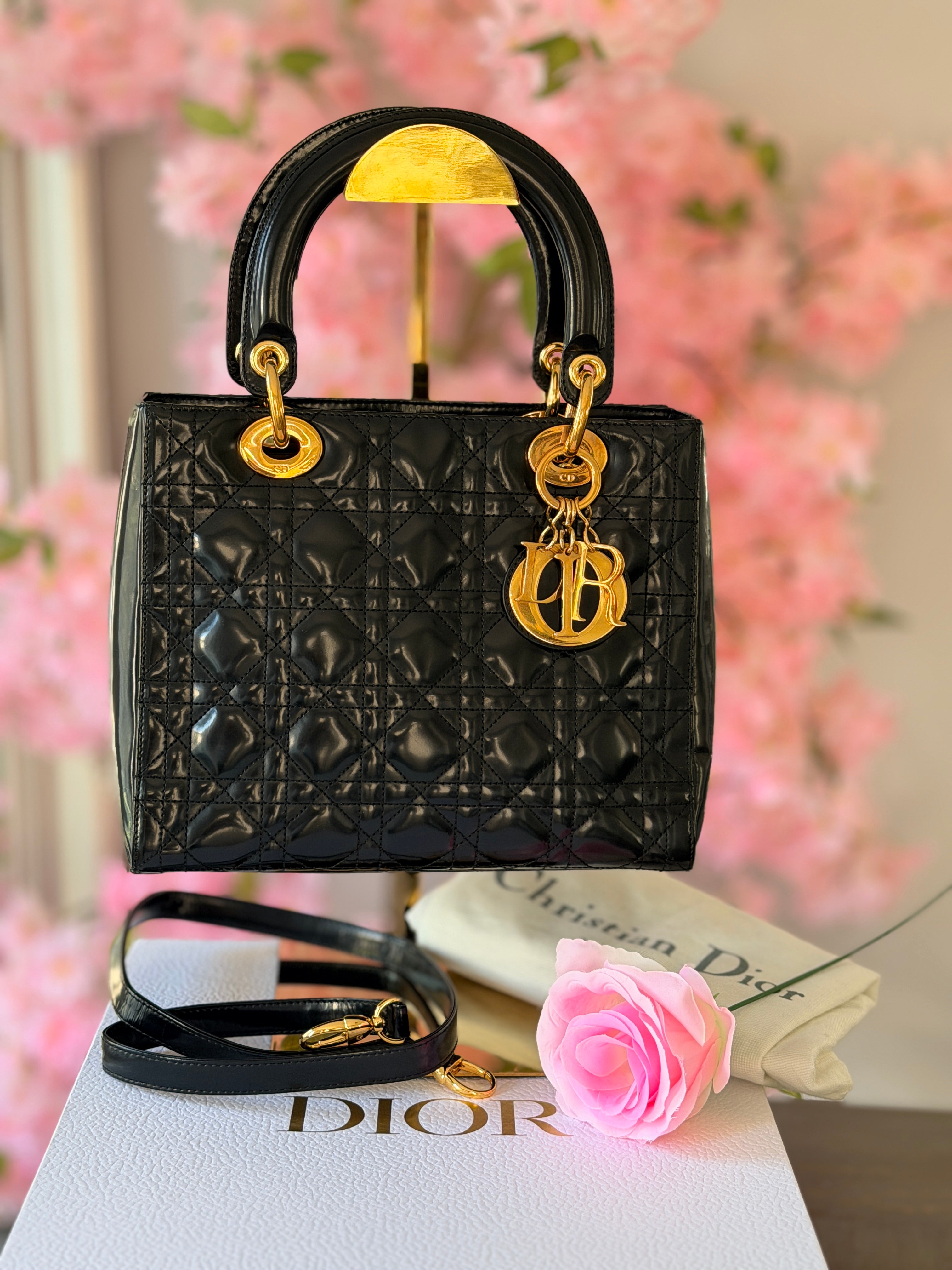 Christian Dior Lady Dior Medium Handbag Black Patent Leather Gold Hardware