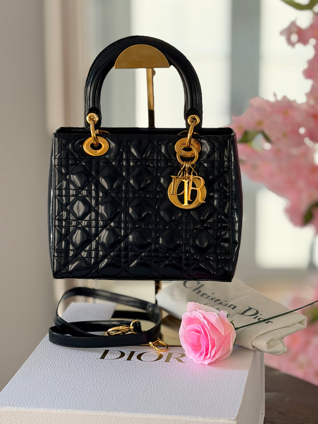 Christian Dior Lady Dior Medium Handbag Black Patent Leather Gold Hardware