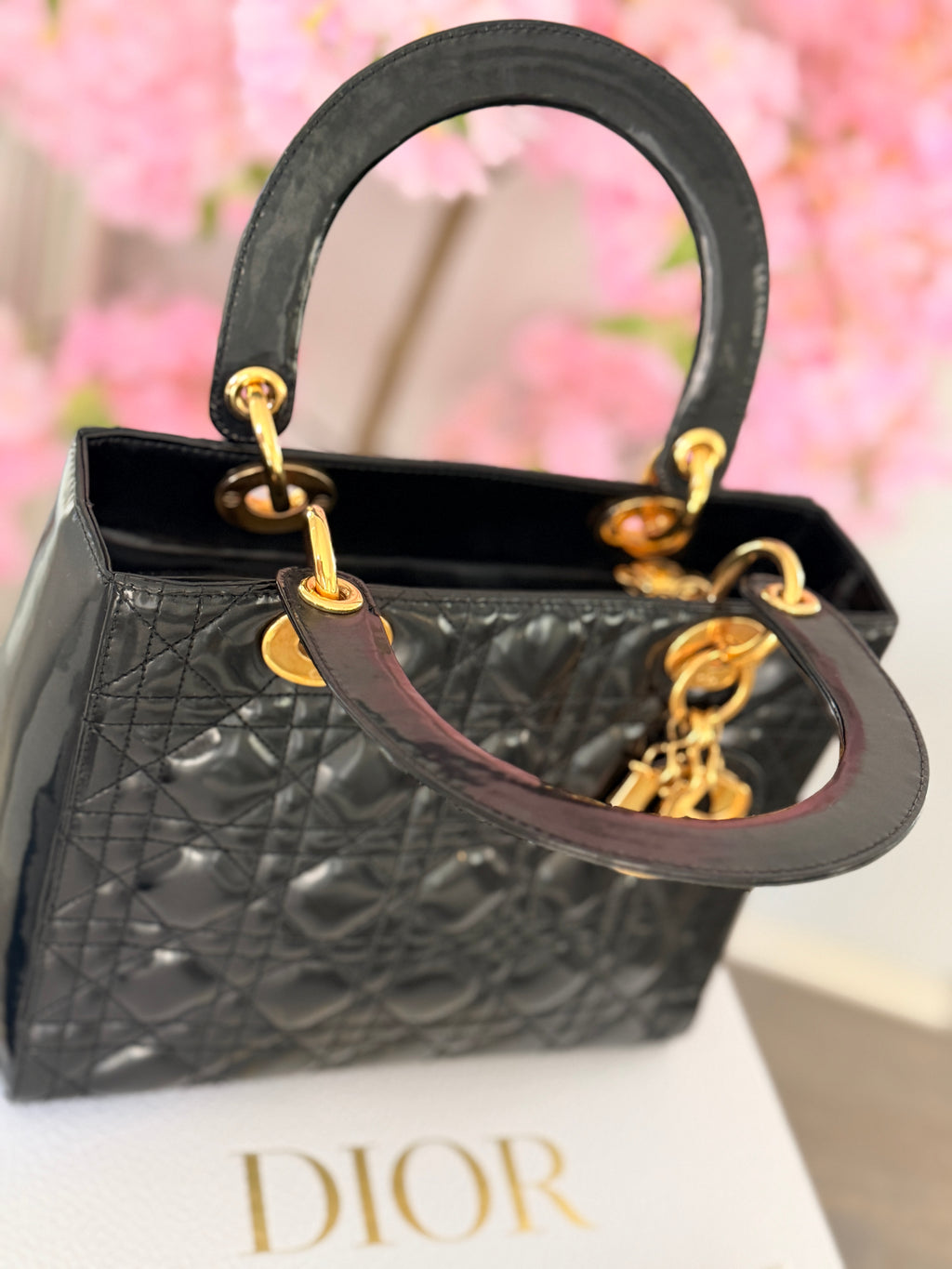 Christian Dior Lady Dior Medium Handbag Black Patent Leather Gold Hardware