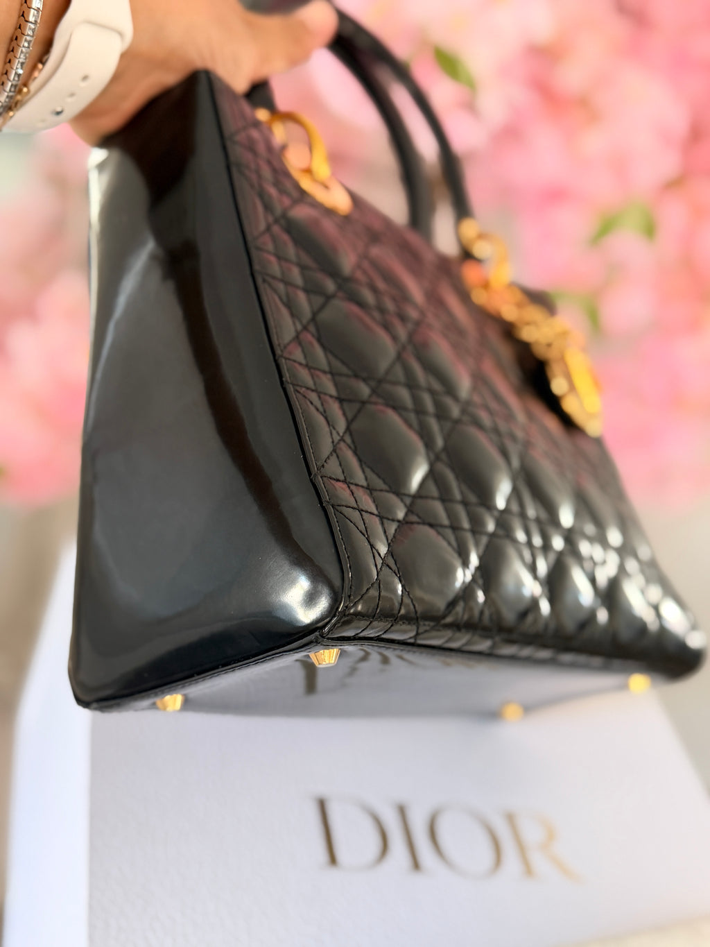 Christian Dior Lady Dior Medium Handbag Black Patent Leather Gold Hardware