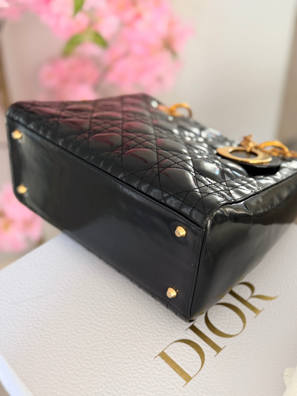 Christian Dior Lady Dior Medium Handbag Black Patent Leather Gold Hardware