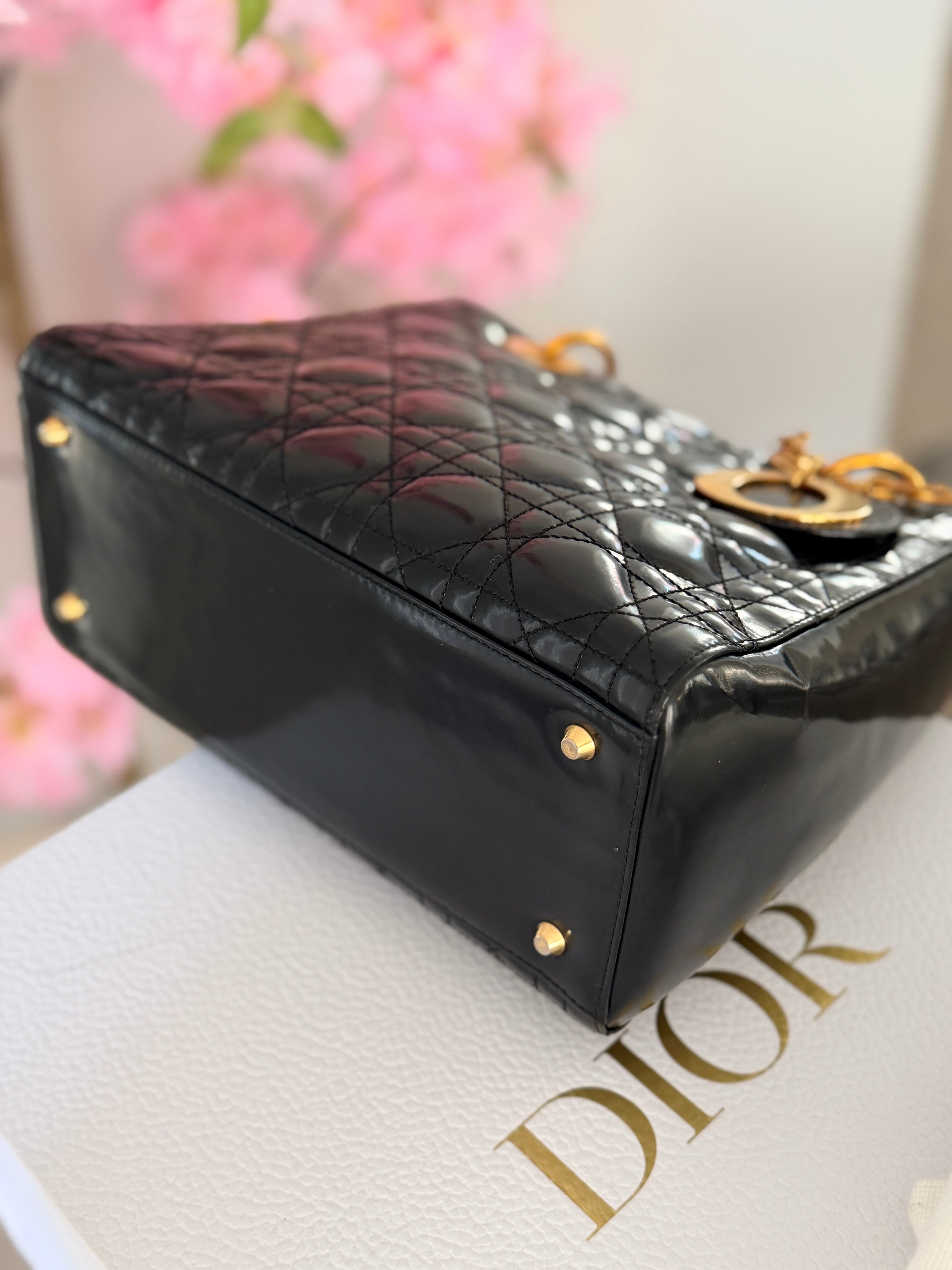Christian Dior Lady Dior Medium Handbag Black Patent Leather Gold Hardware
