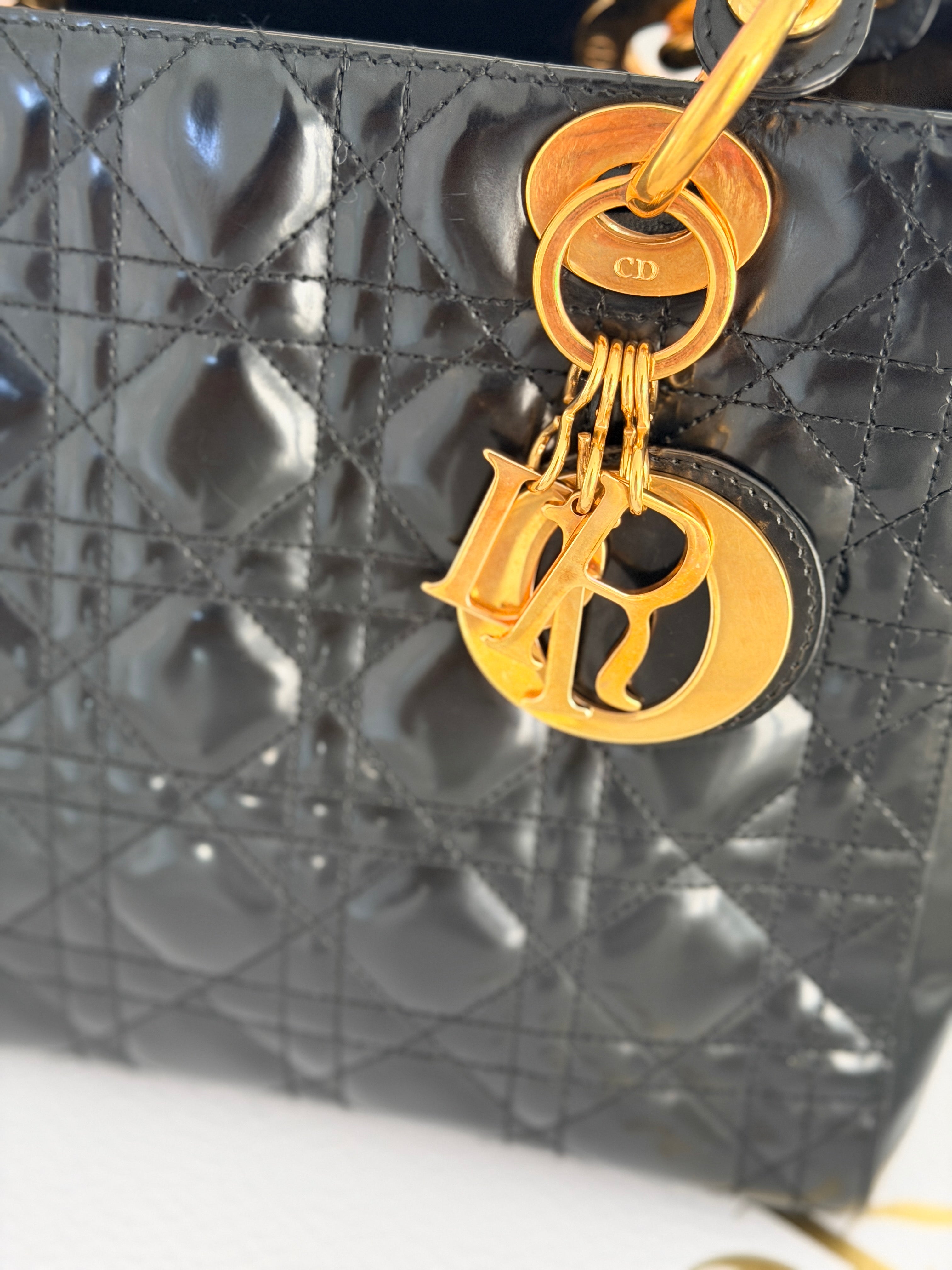 Christian Dior Lady Dior Medium Handbag Black Patent Leather Gold Hardware