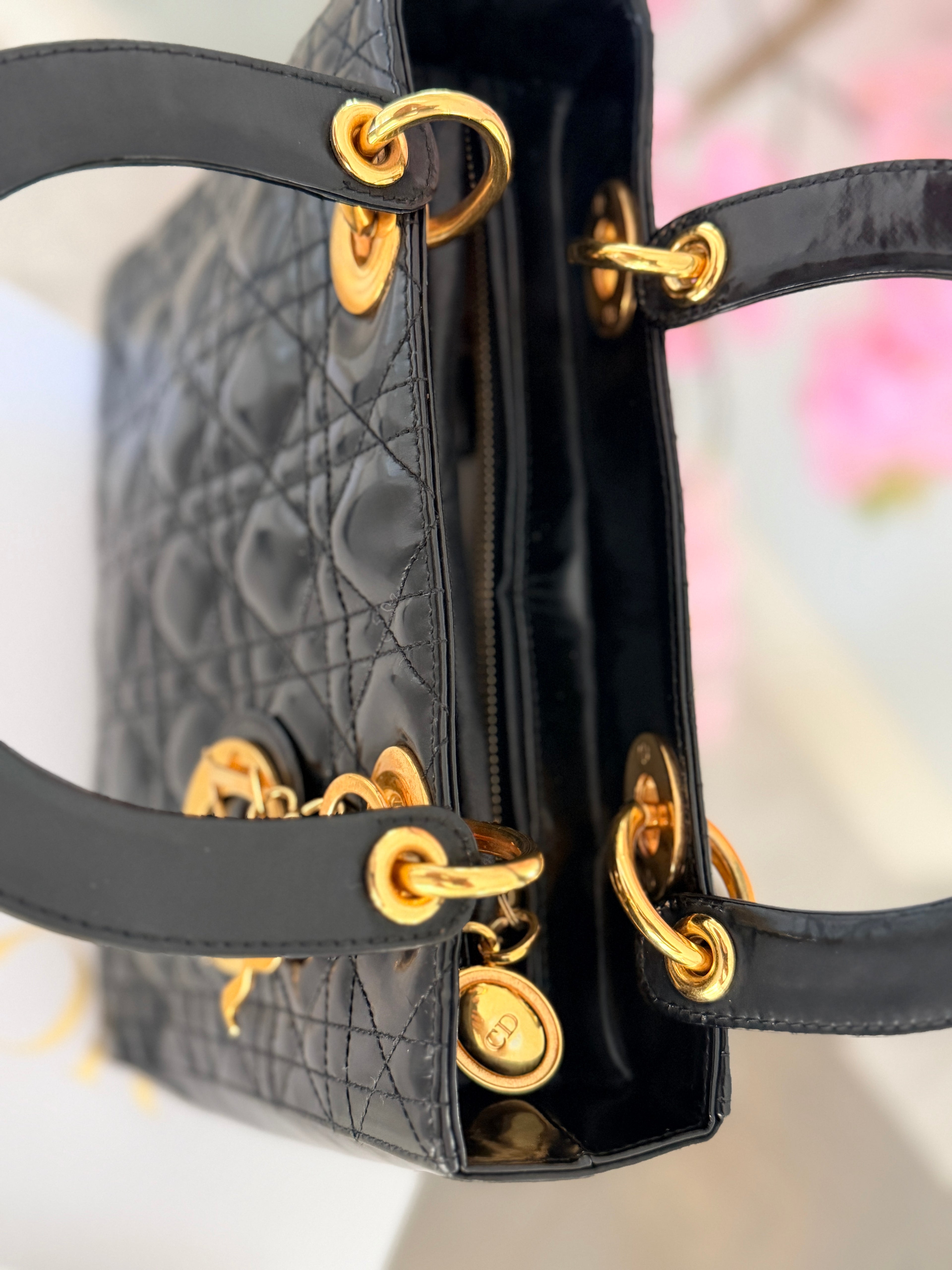 Christian Dior Lady Dior Medium Handbag Black Patent Leather Gold Hardware
