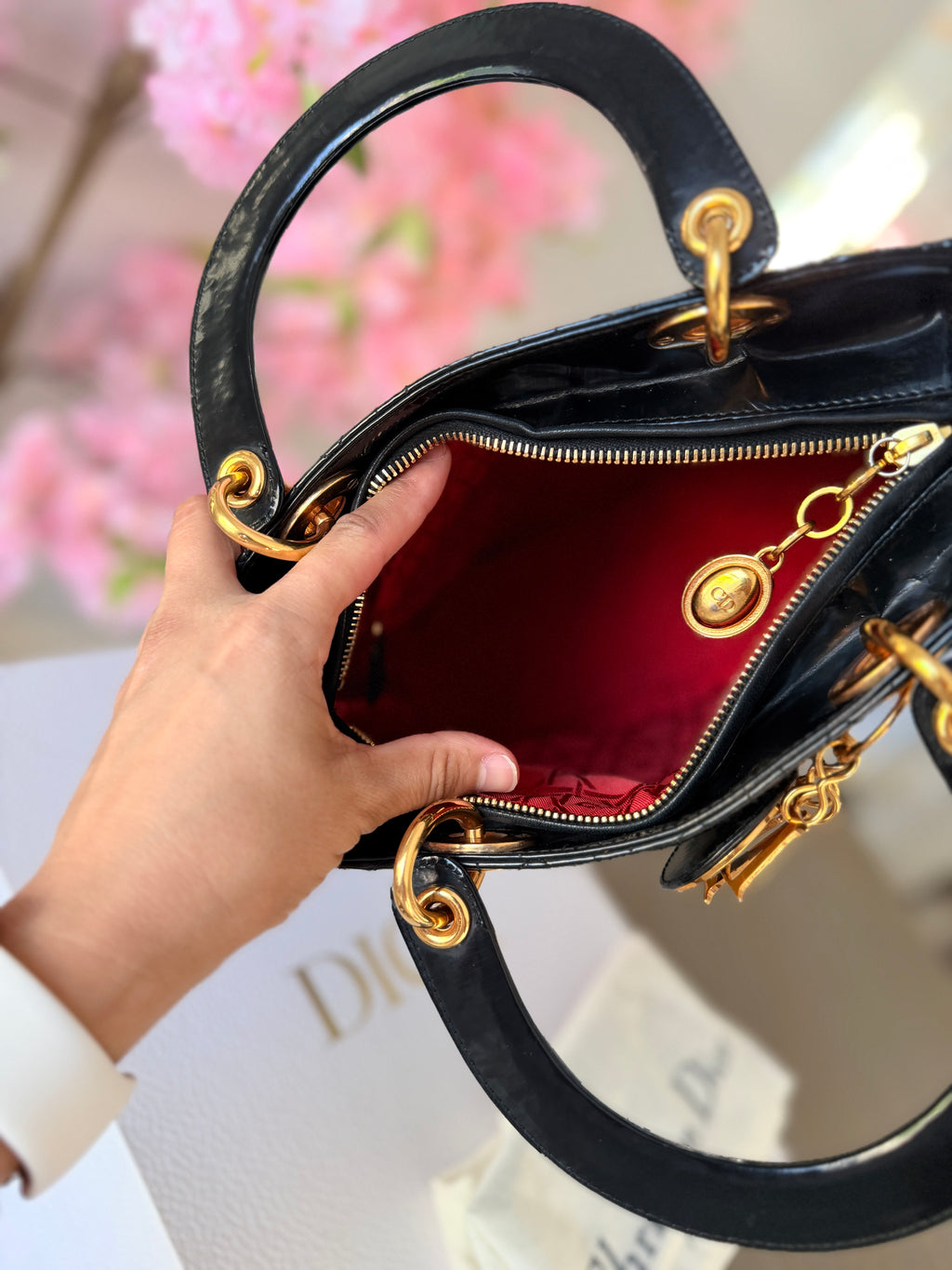 Christian Dior Lady Dior Medium Handbag Black Patent Leather Gold Hardware