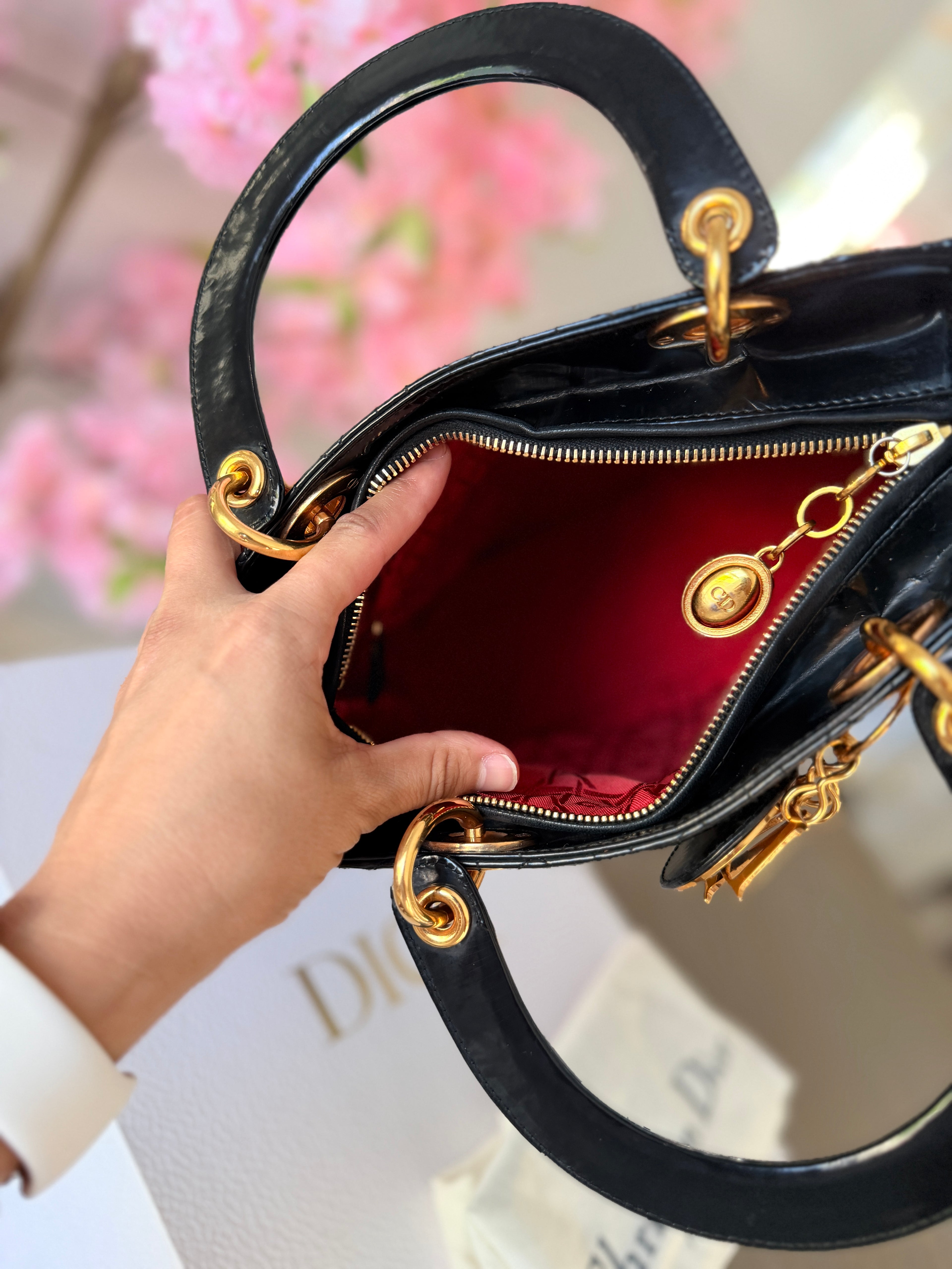 Christian Dior Lady Dior Medium Handbag Black Patent Leather Gold Hardware