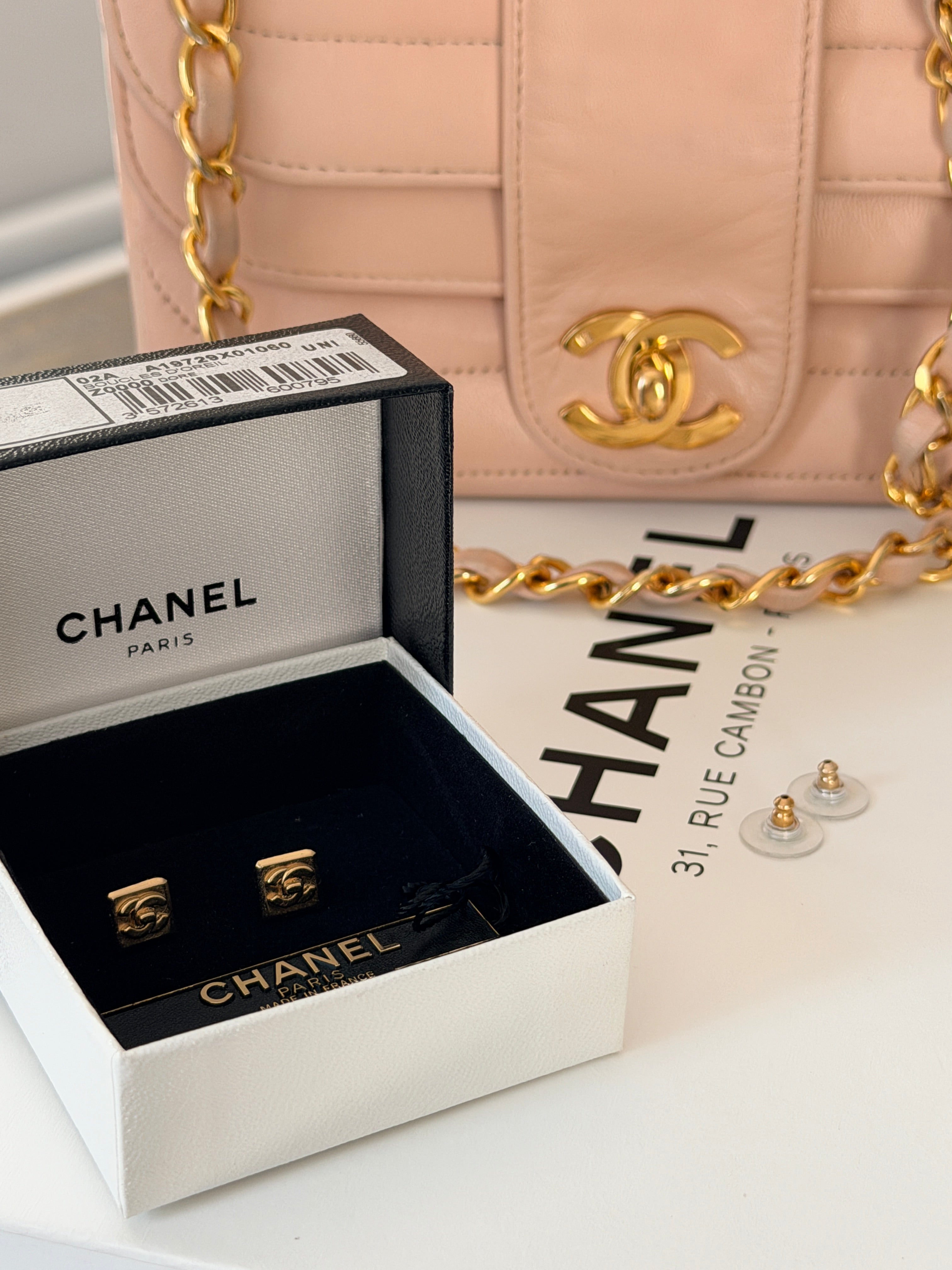 Chanel Turnlock CC Stud Earrings 24k Gold Plated