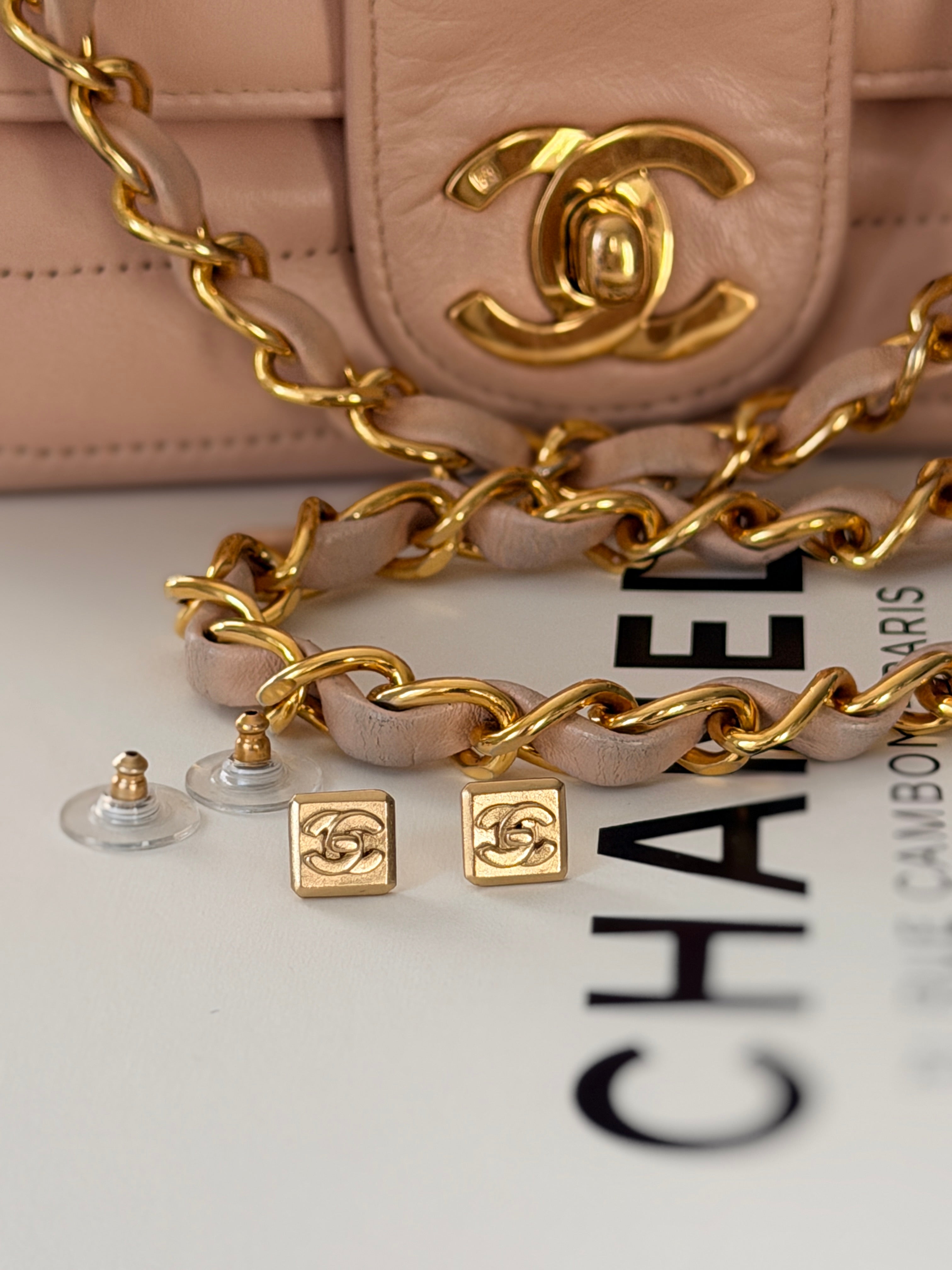 Chanel Turnlock CC Stud Earrings 24k Gold Plated