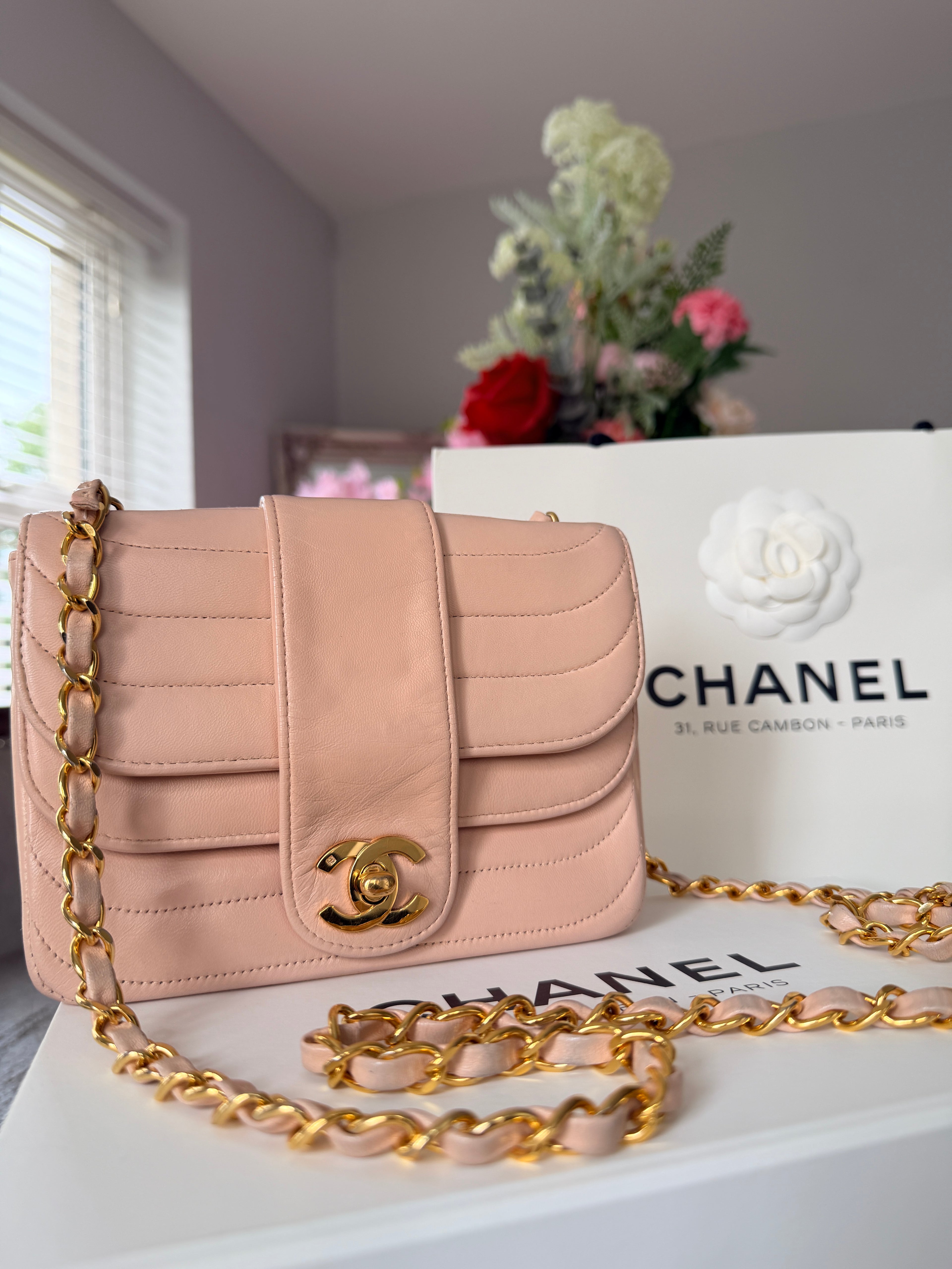 Chanel Vintage Mademoiselle Flap Mini Bag Pink Lambskin Leather 24k Gold Plated Hardware