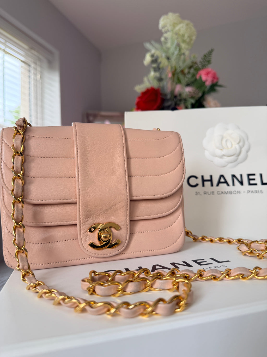 Chanel Vintage Mademoiselle Flap Mini Bag Pink Lambskin Leather 24k Gold Plated Hardware