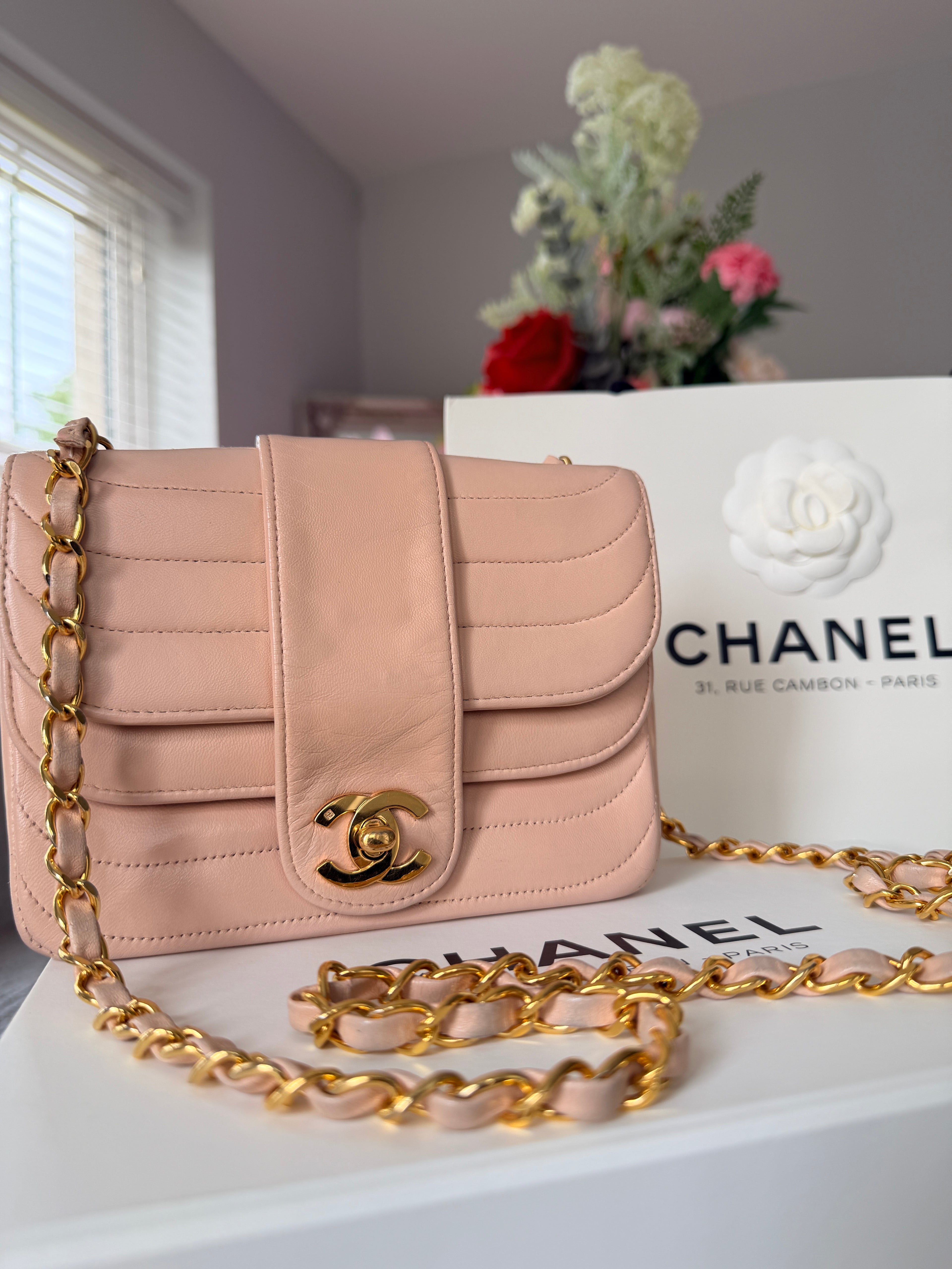 Chanel Vintage Mademoiselle Flap Mini Bag Pink Lambskin Leather 24k Gold Plated Hardware