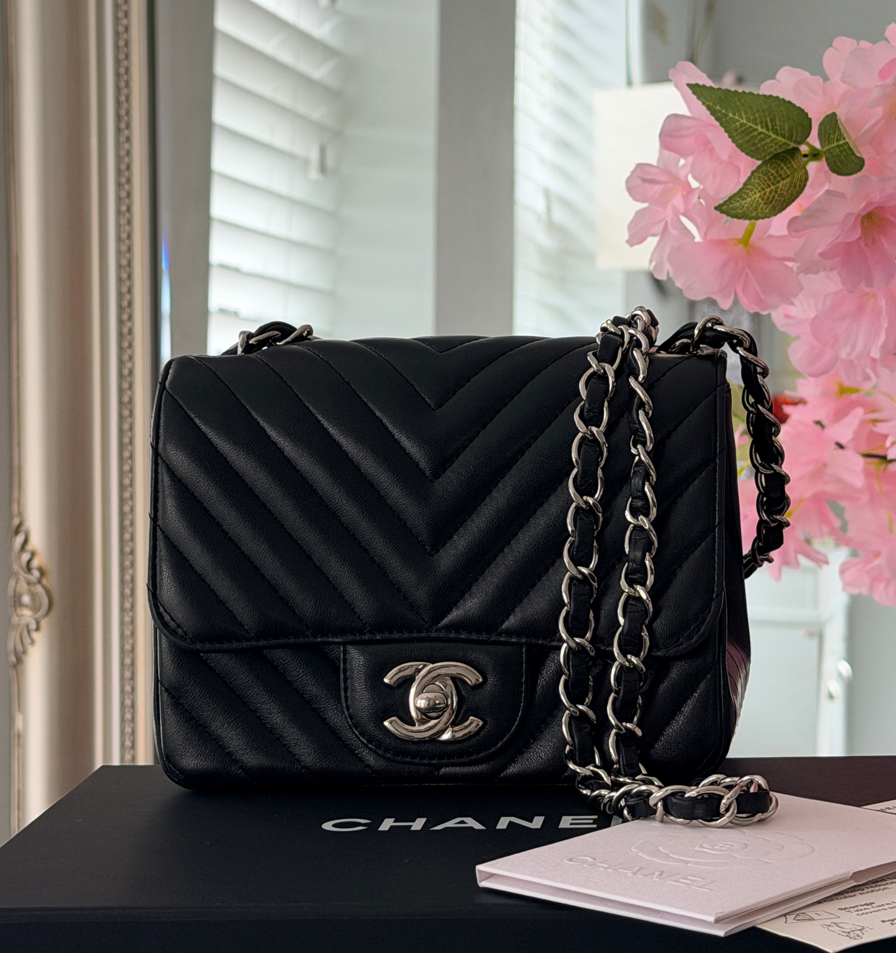 Chanel Mini Chevron Flap Black Lambskin Leather with Silver Hardware