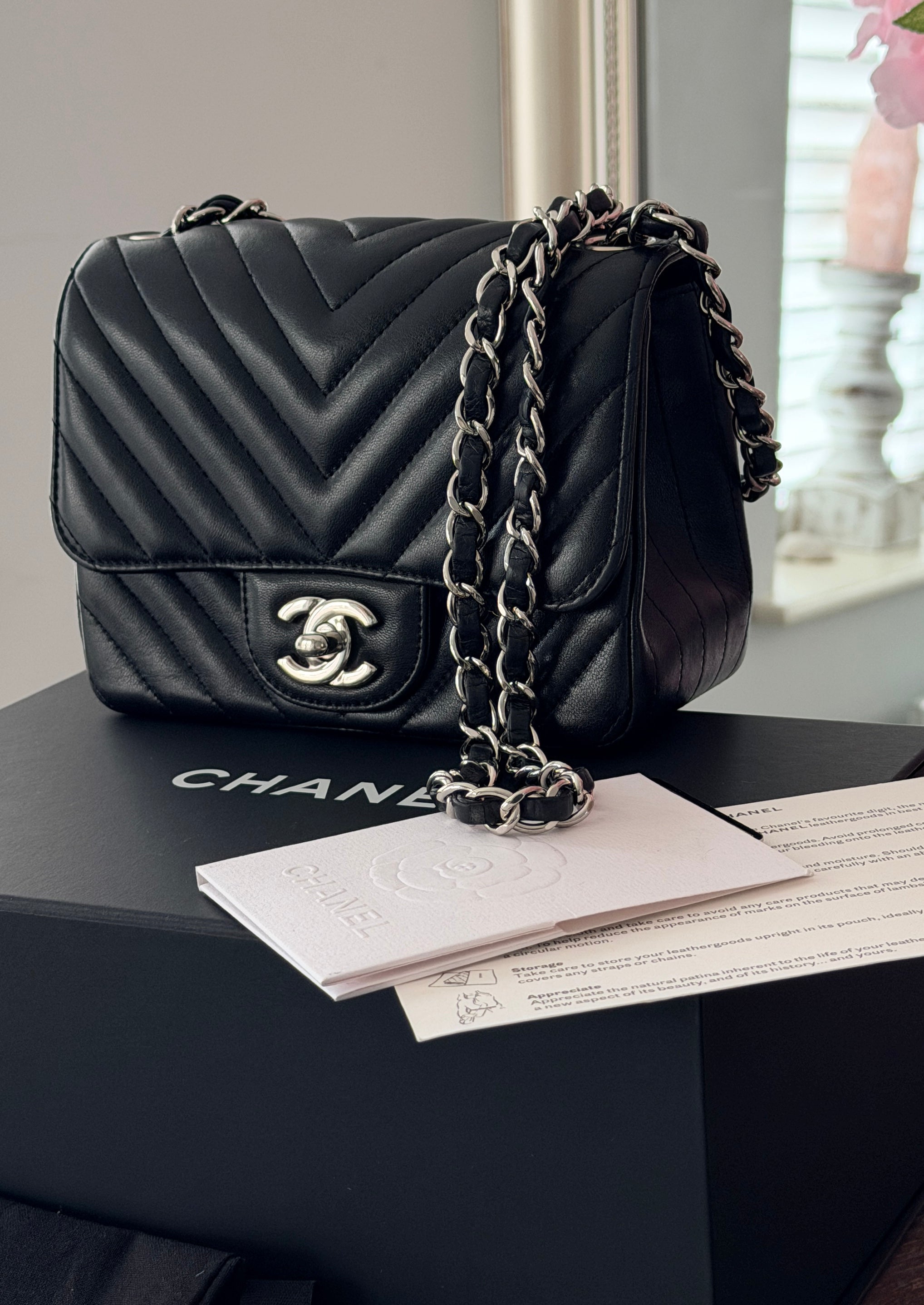 Chanel Mini Chevron Flap Black Lambskin Leather with Silver Hardware