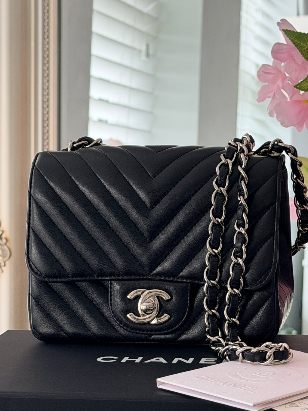 Chanel Mini Chevron Flap Black Lambskin Leather with Silver Hardware