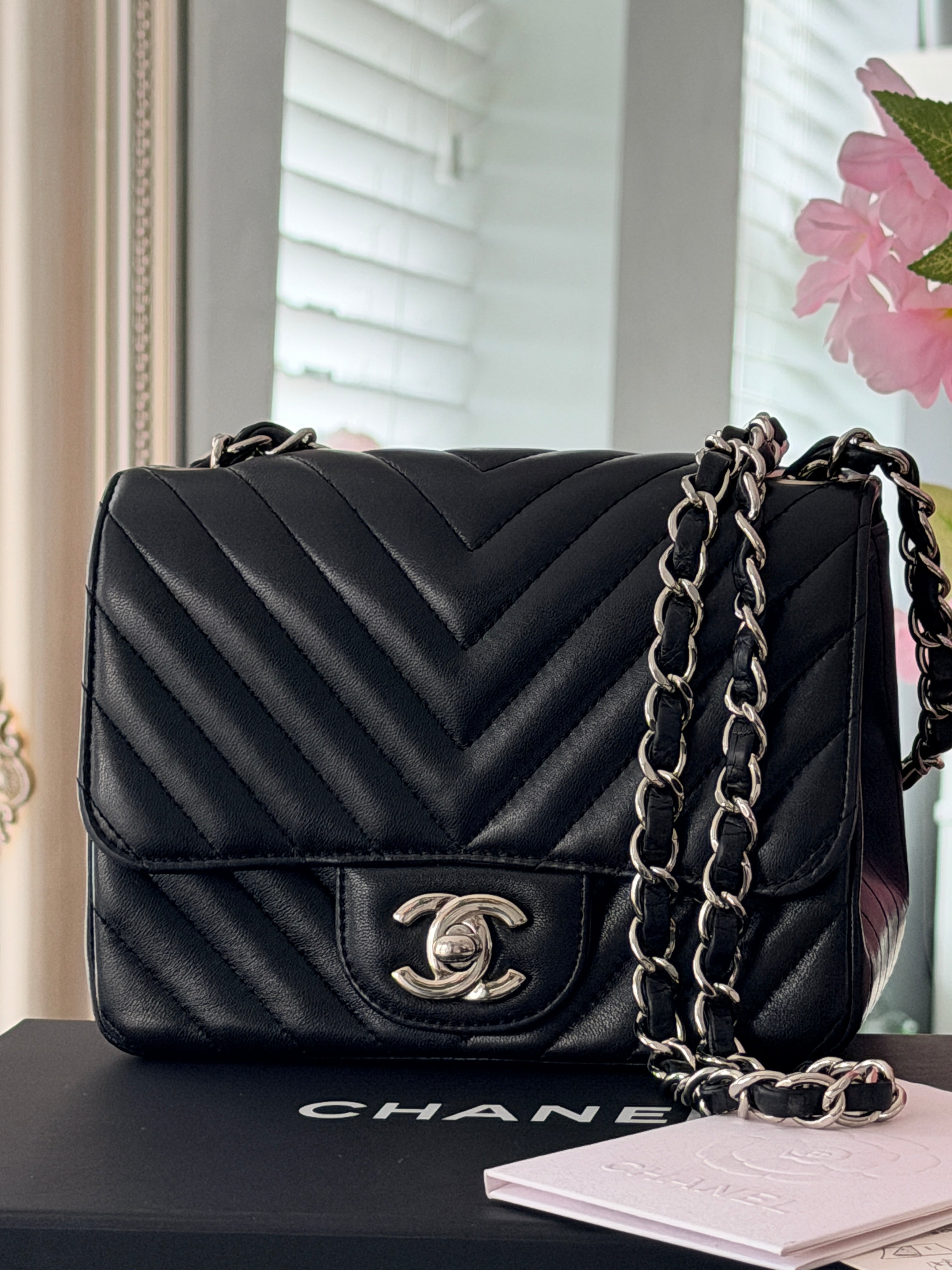 Chanel Mini Chevron Flap Black Lambskin Leather with Silver Hardware