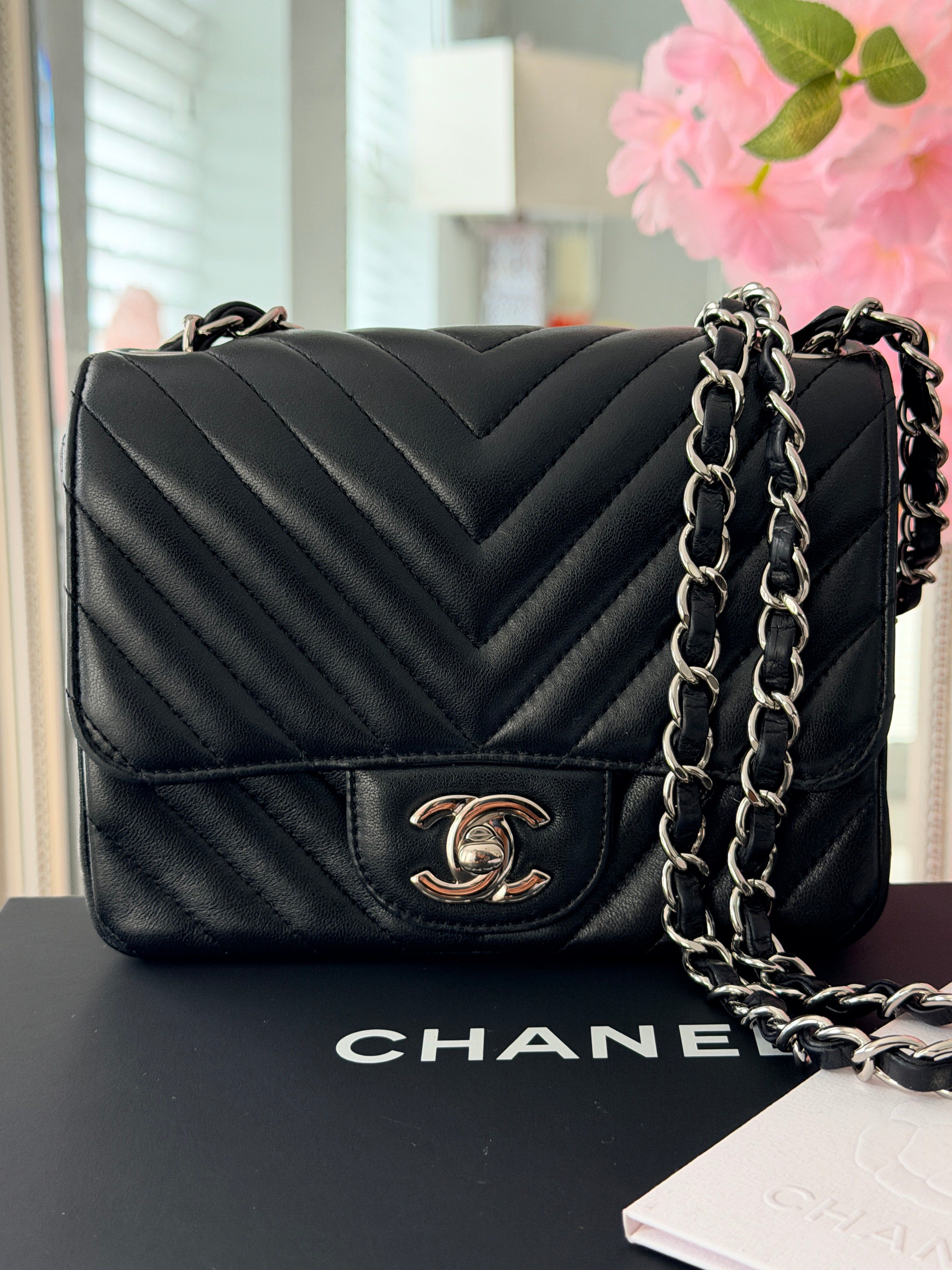 Chanel Mini Chevron Flap Black Lambskin Leather with Silver Hardware