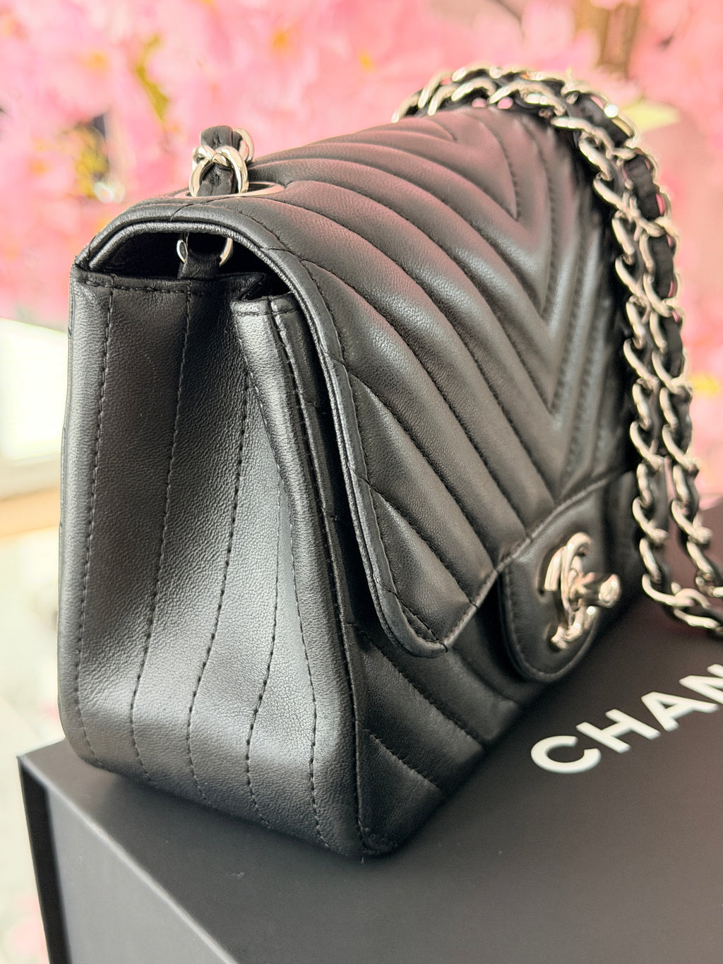 Chanel Mini Chevron Flap Black Lambskin Leather with Silver Hardware